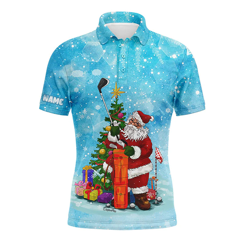 Golf Men Polo Shirt - Custom Name Christmas Blue Snow Winter Santa Golfer Apparel - Personalized Gift For Golf Lover, Team, Husband, Boyfriend