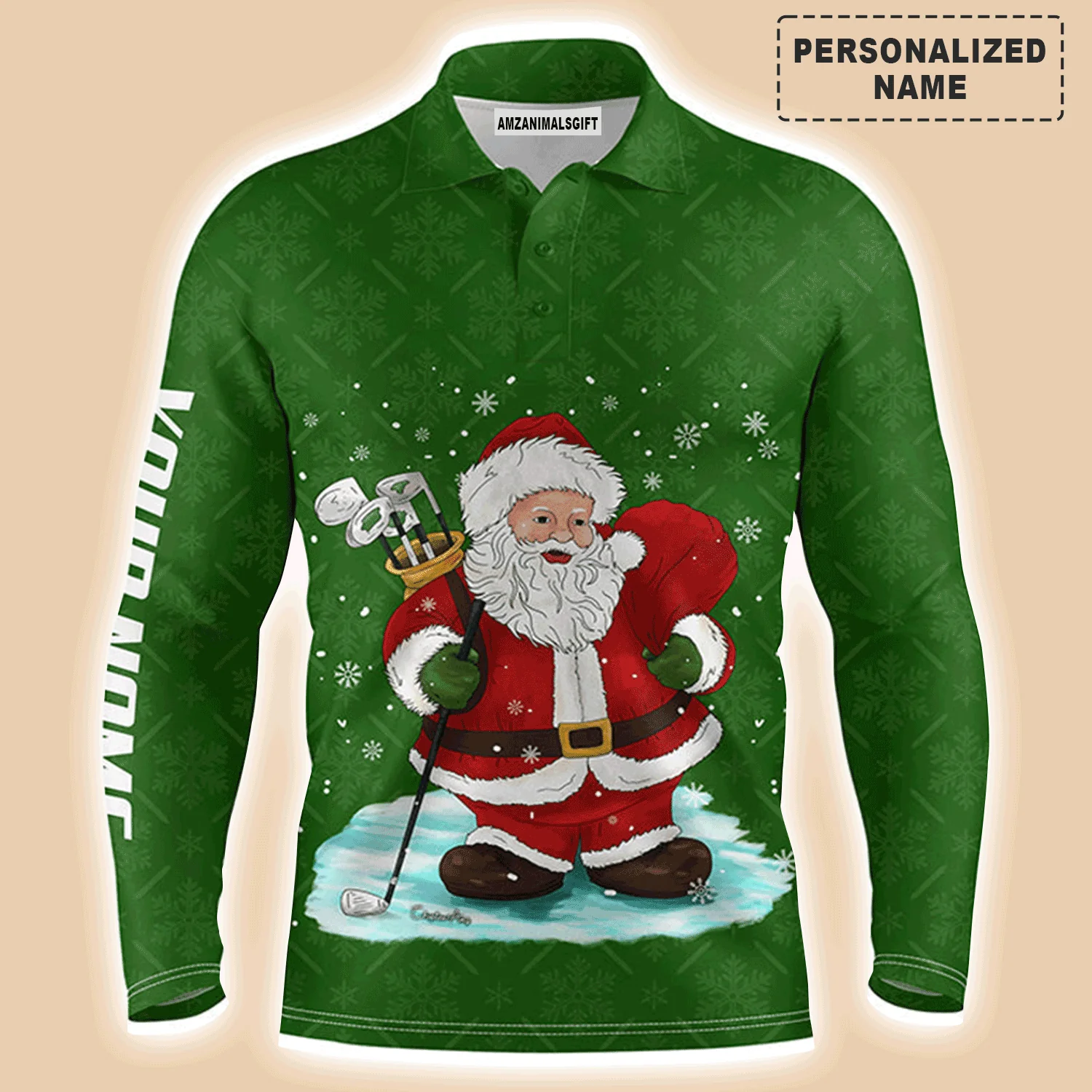 Golf Men Polo Shirt - Custom Name Christmas Green Pattern Santa Golfer Apparel - Personalized Gift For Golf Lover, Team, Husband, Boyfriend - Image 2