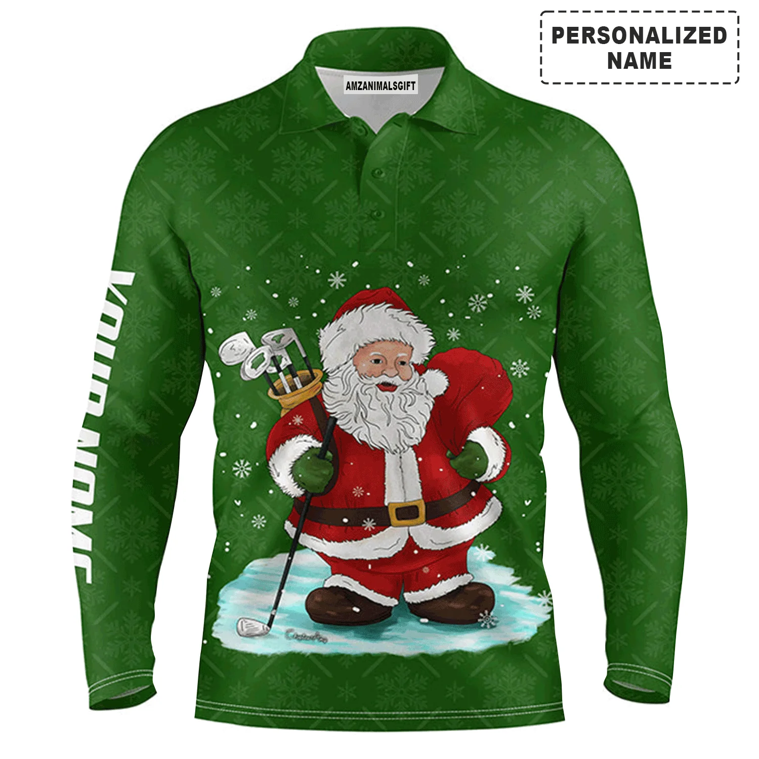 Golf Men Polo Shirt - Custom Name Christmas Green Pattern Santa Golfer Apparel - Personalized Gift For Golf Lover, Team, Husband, Boyfriend - Image 3
