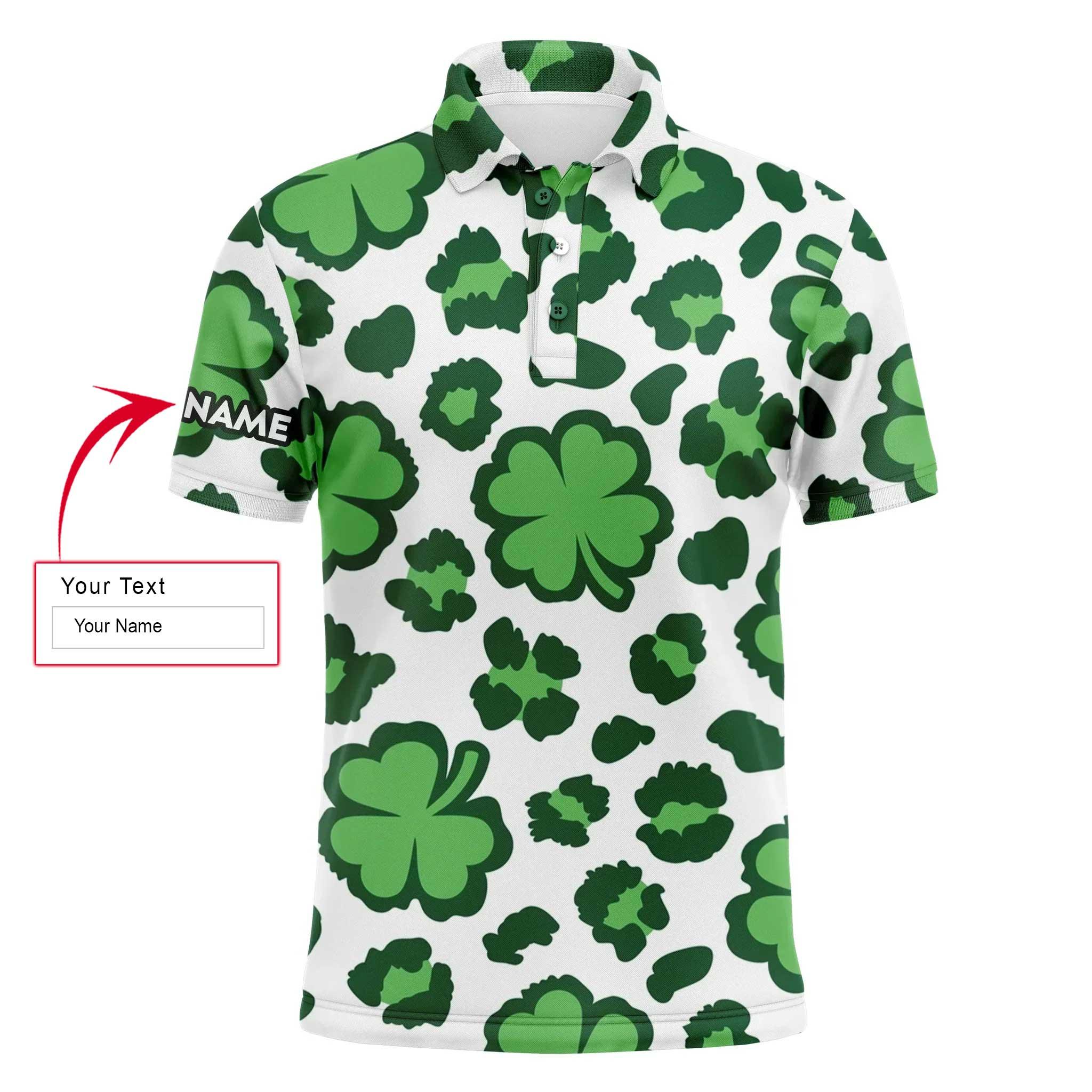 Golf Men Polo Shirt - Custom Name Clover And Leopard Pattern St. Patrick's Day Apparel Men Polo Shirt - Personalized Gift For Golf Lover, Men