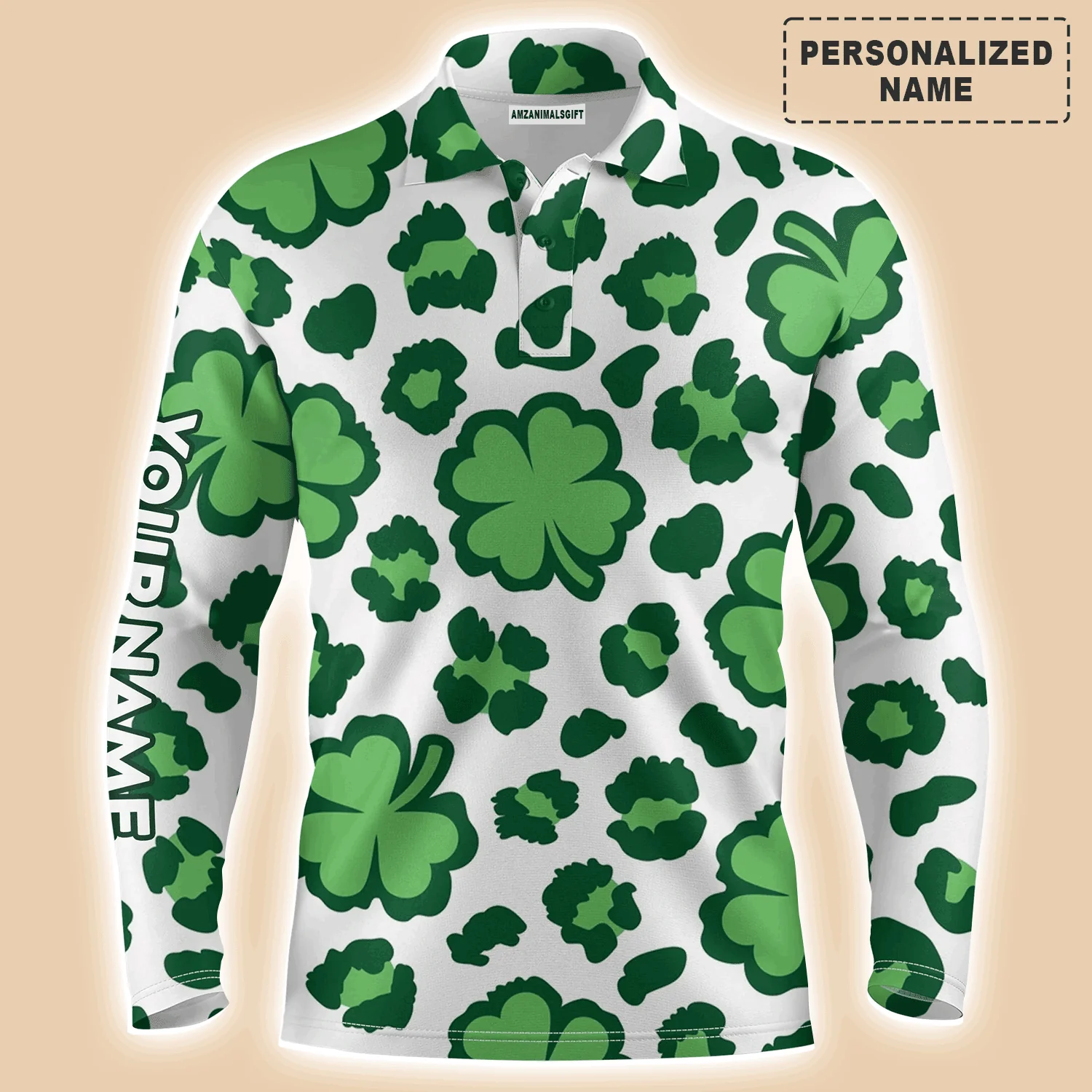 Golf Men Polo Shirt - Custom Name Clover And Leopard Pattern St. Patrick's Day Apparel Men Polo Shirt - Personalized Gift For Golf Lover, Men - Image 3