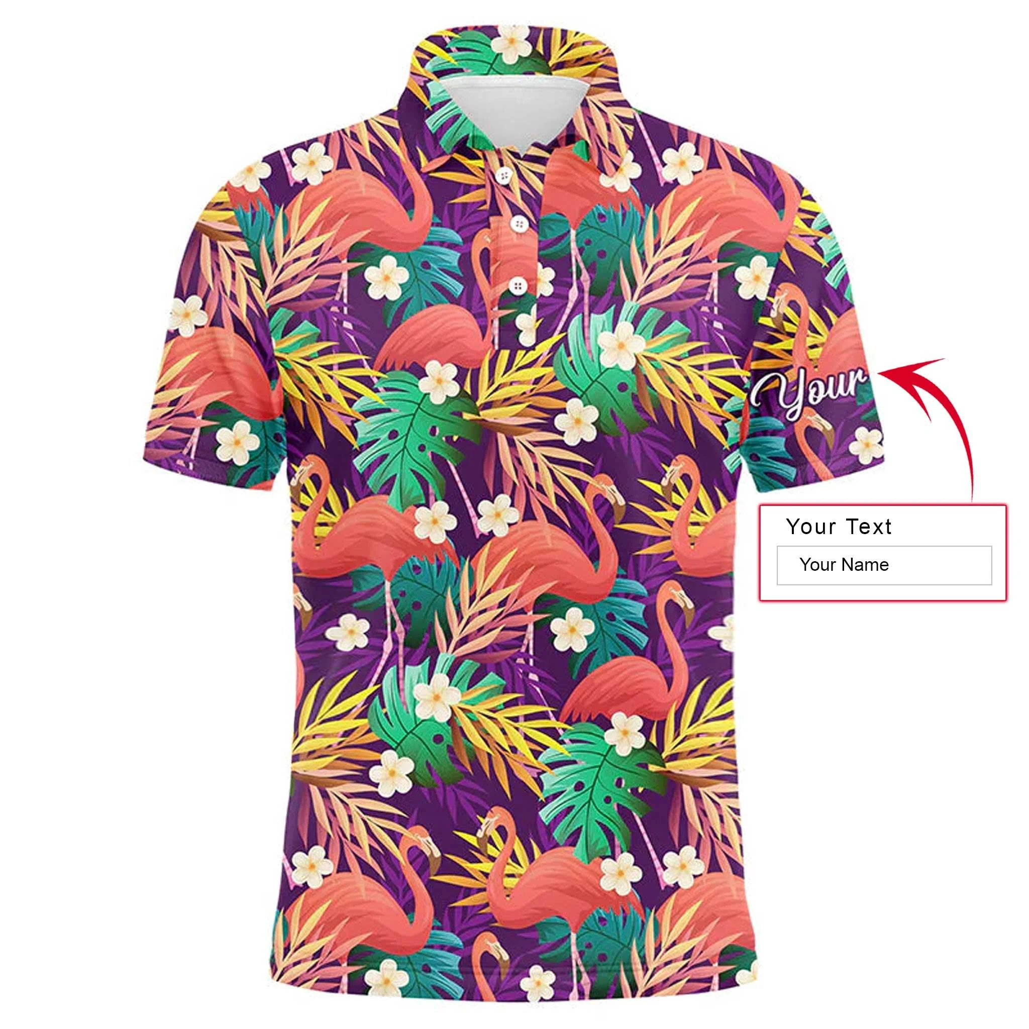 Golf Men Polo Shirt - Custom Name Colorful Flamingo Pattern Tropical Leaves Apparel - Personalized Gift For Golf Lover, Team, Husband, Boyfriend