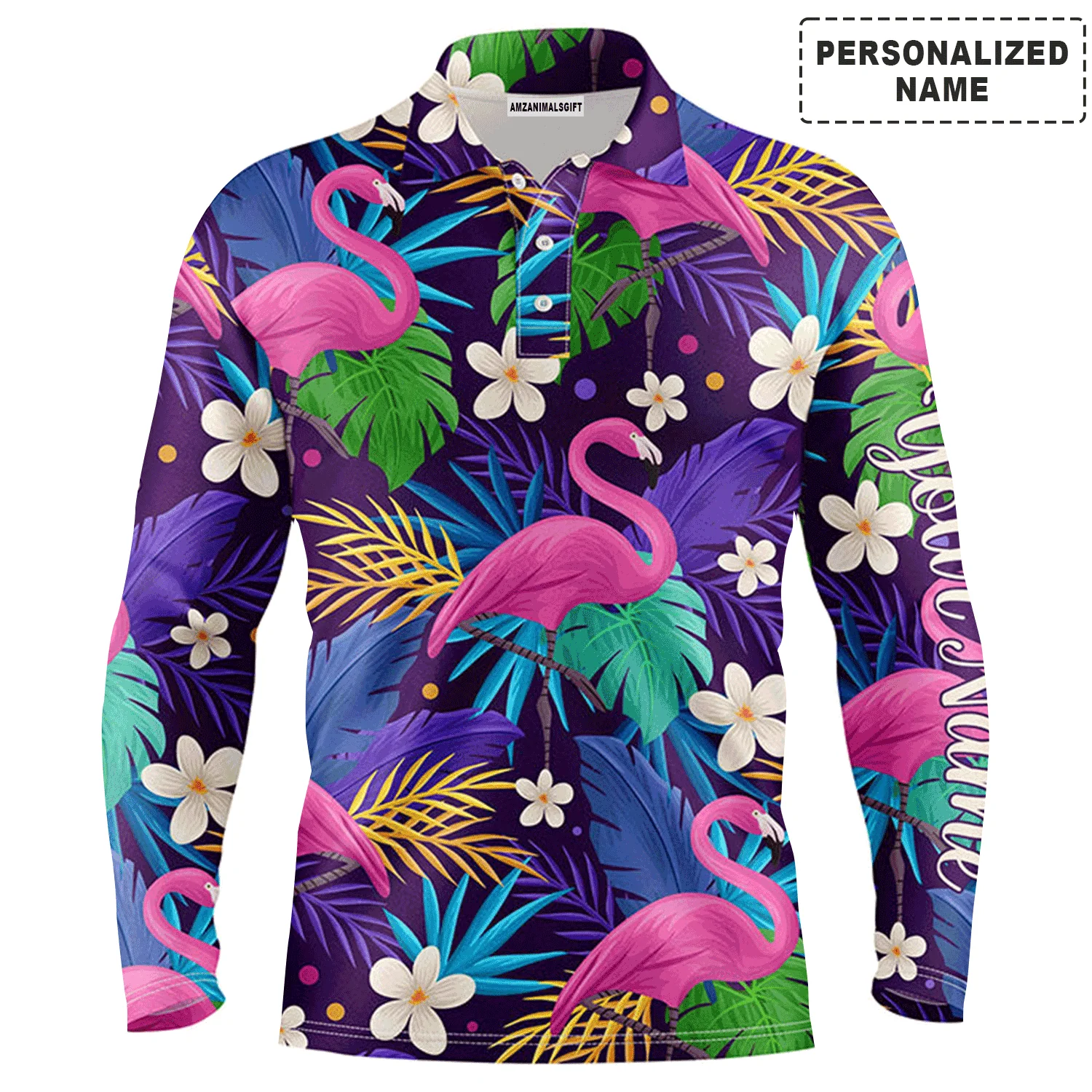 Golf Men Polo Shirt - Custom Name Colorful Floral Flamingo Pattern Tropical Leaves Apparel - Personalized Sports Gift For Golf Lover, Male, Husband - Image 2