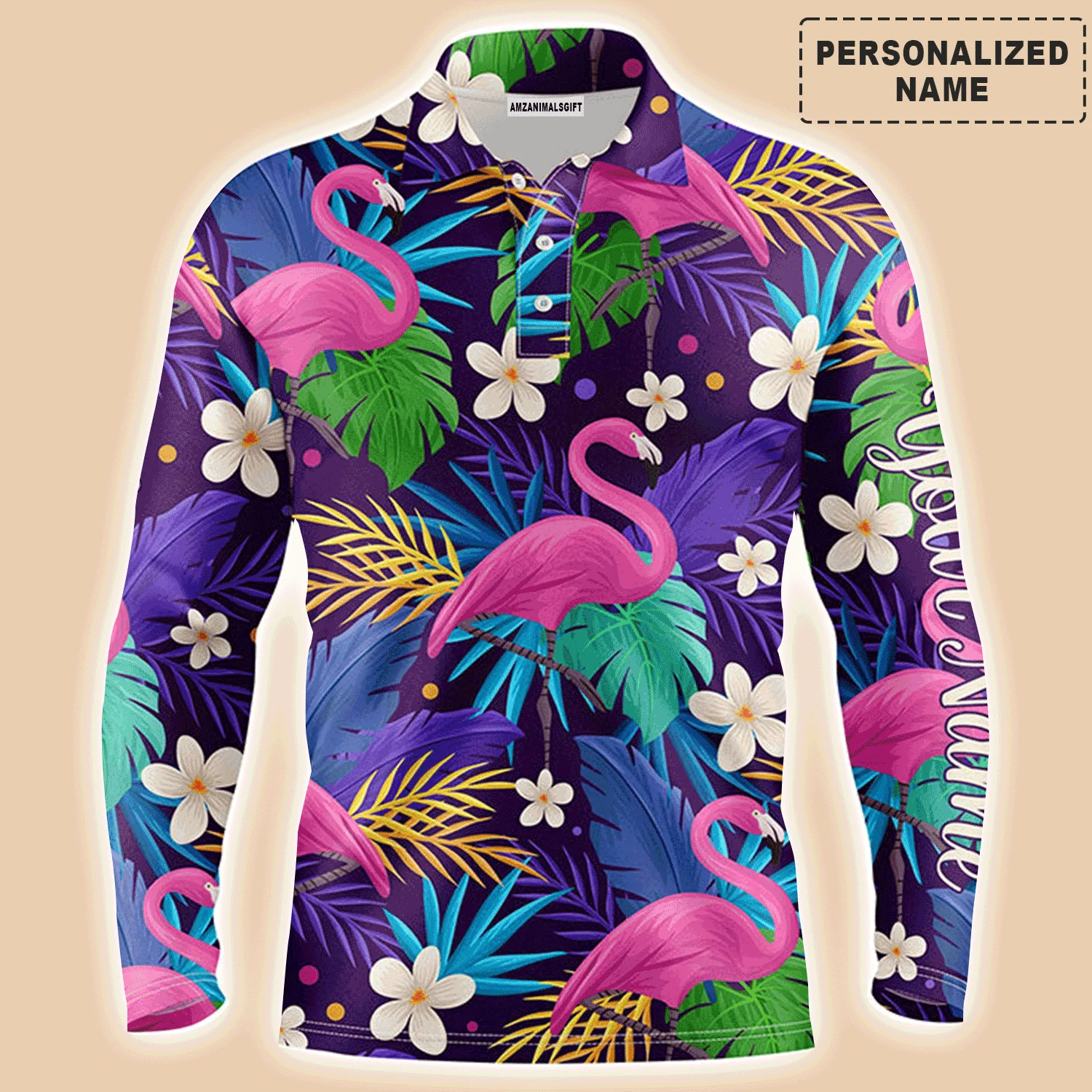 Golf Men Polo Shirt - Custom Name Colorful Floral Flamingo Pattern Tropical Leaves Apparel - Personalized Sports Gift For Golf Lover, Male, Husband - Image 3