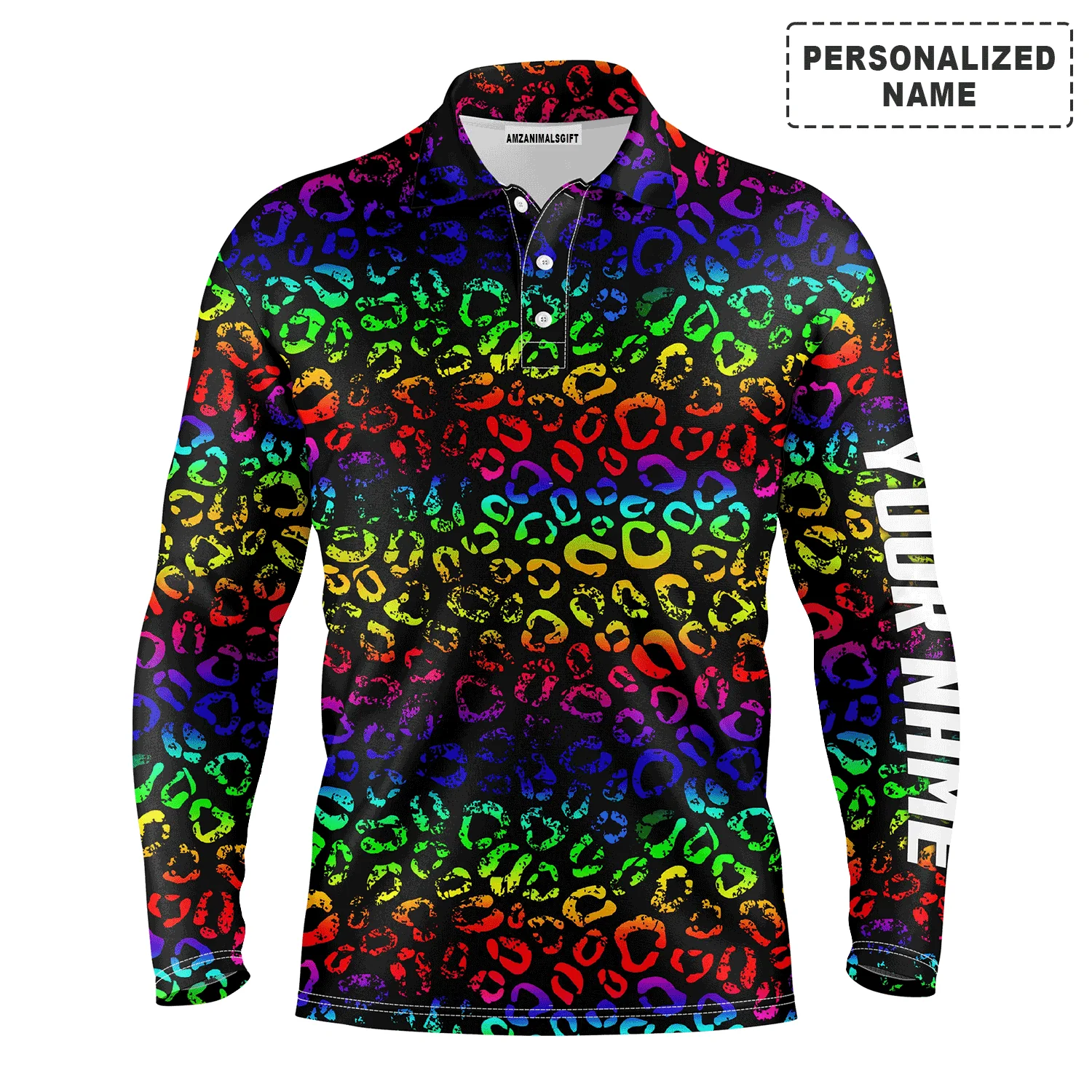 Golf Men Polo Shirt - Custom Name Colorful Neon Rainbow Leopard Pattern Apparel - Personalized Gift For Golf Lover, Team, Husband, Boyfriend, Men - Image 3