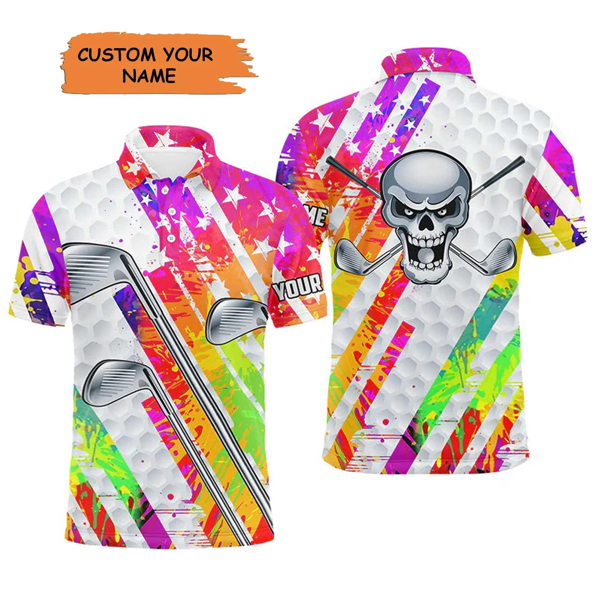 Golf Men Polo Shirt - Custom Name Colorful Watercolor American Flag Skull Apparel Men Polo Shirt- Personalized Gift For Golf Lover, Team, 4th July, Patriotic