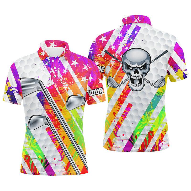 Golf Men Polo Shirt - Custom Name Colorful Watercolor American Flag Skull Apparel Men Polo Shirt- Personalized Gift For Golf Lover, Team, 4th July, Patriotic - Image 2