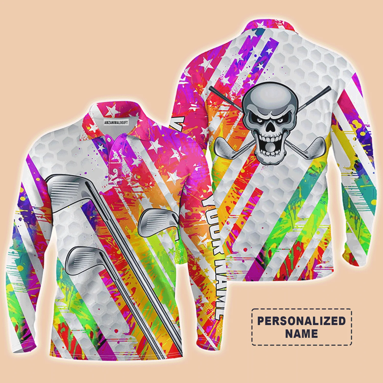 Golf Men Polo Shirt - Custom Name Colorful Watercolor American Flag Skull Apparel Men Polo Shirt- Personalized Gift For Golf Lover, Team, 4th July, Patriotic - Image 4