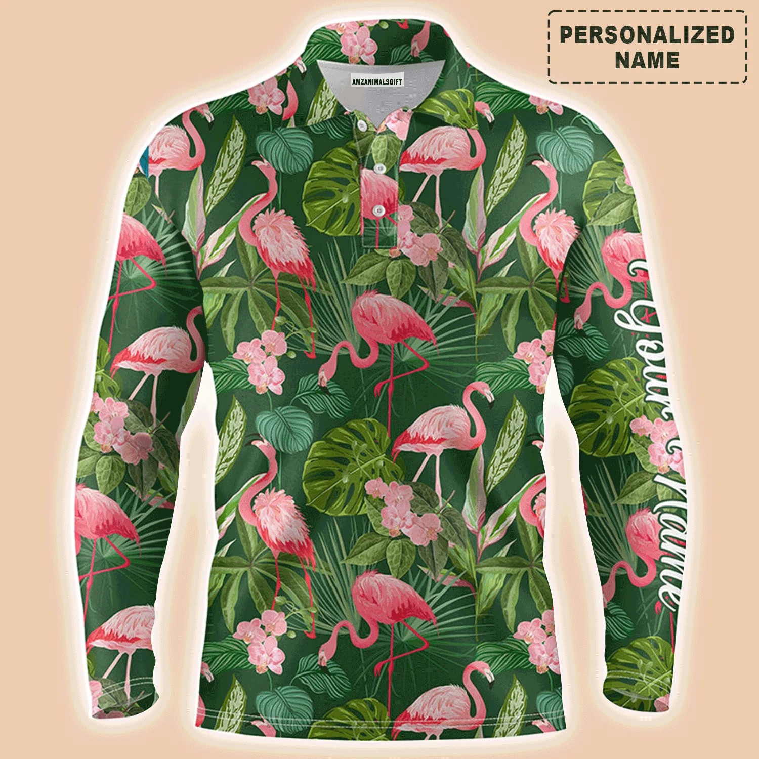 Golf Men Polo Shirt - Custom Name Flamingo Green Tropical Palm Leaves Pattern Apparel - Personalized Gift For Golf Lover, Team, Husband, Boyfriend - Image 2
