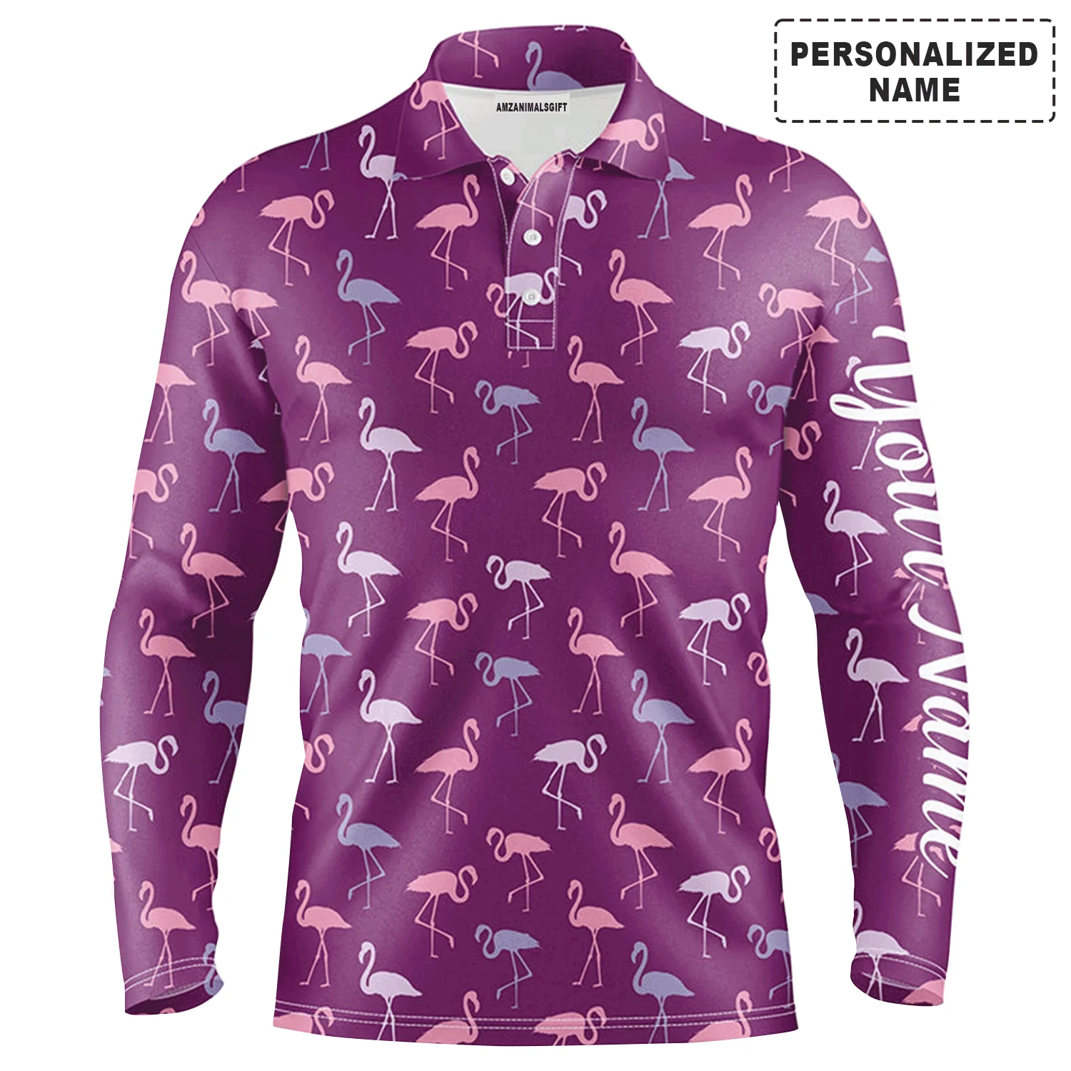 Golf Men Polo Shirt - Custom Name Flamingos Birds Pattern Tropical Purple Apparel - Personalized Gift For Golf Lover, Team, Husband, Boyfriend, Men - Image 2