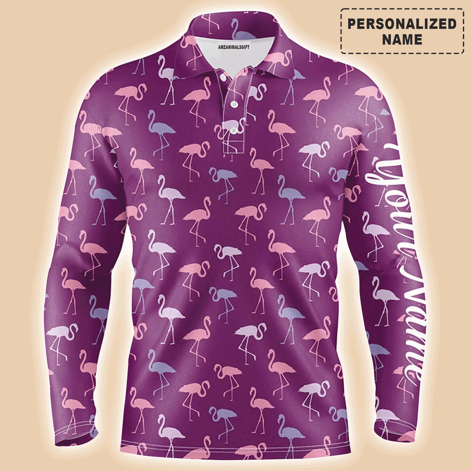 Golf Men Polo Shirt - Custom Name Flamingos Birds Pattern Tropical Purple Apparel - Personalized Gift For Golf Lover, Team, Husband, Boyfriend, Men - Image 3