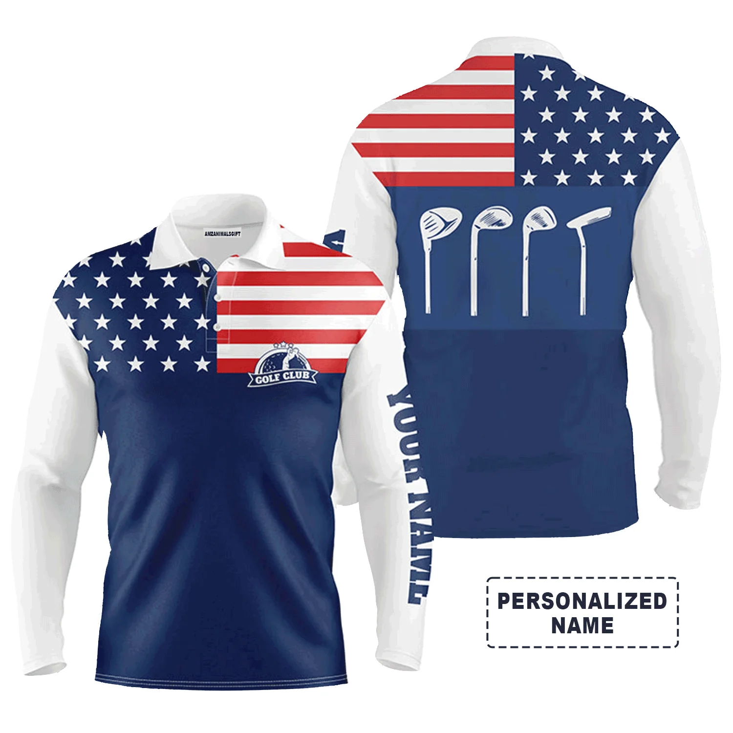 Golf Men Polo Shirt - Custom Name Golf Club American Flag Patriot Blue Apparel - Personalized Gift For Golf Lover, Male, Husband, Team Golf - Image 2