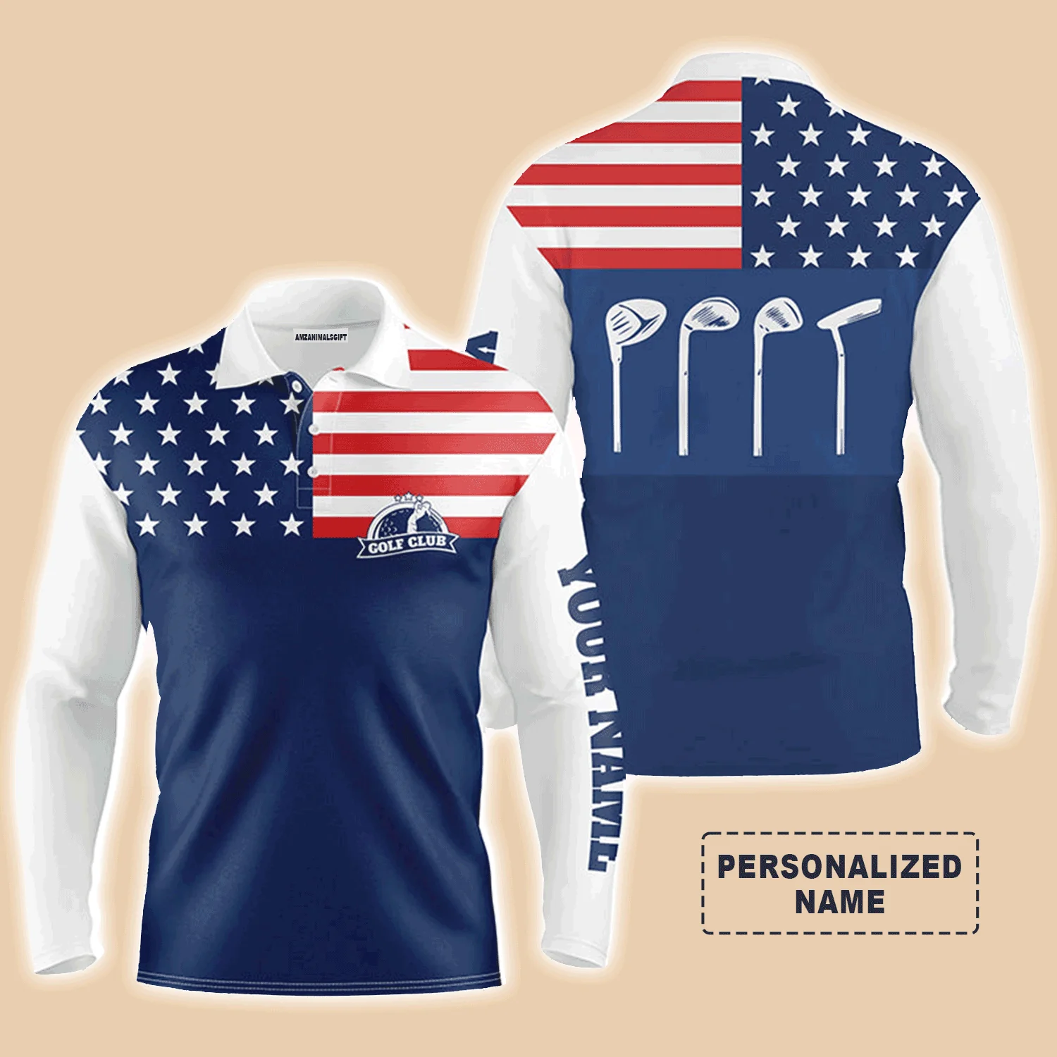 Golf Men Polo Shirt - Custom Name Golf Club American Flag Patriot Blue Apparel - Personalized Gift For Golf Lover, Male, Husband, Team Golf - Image 3