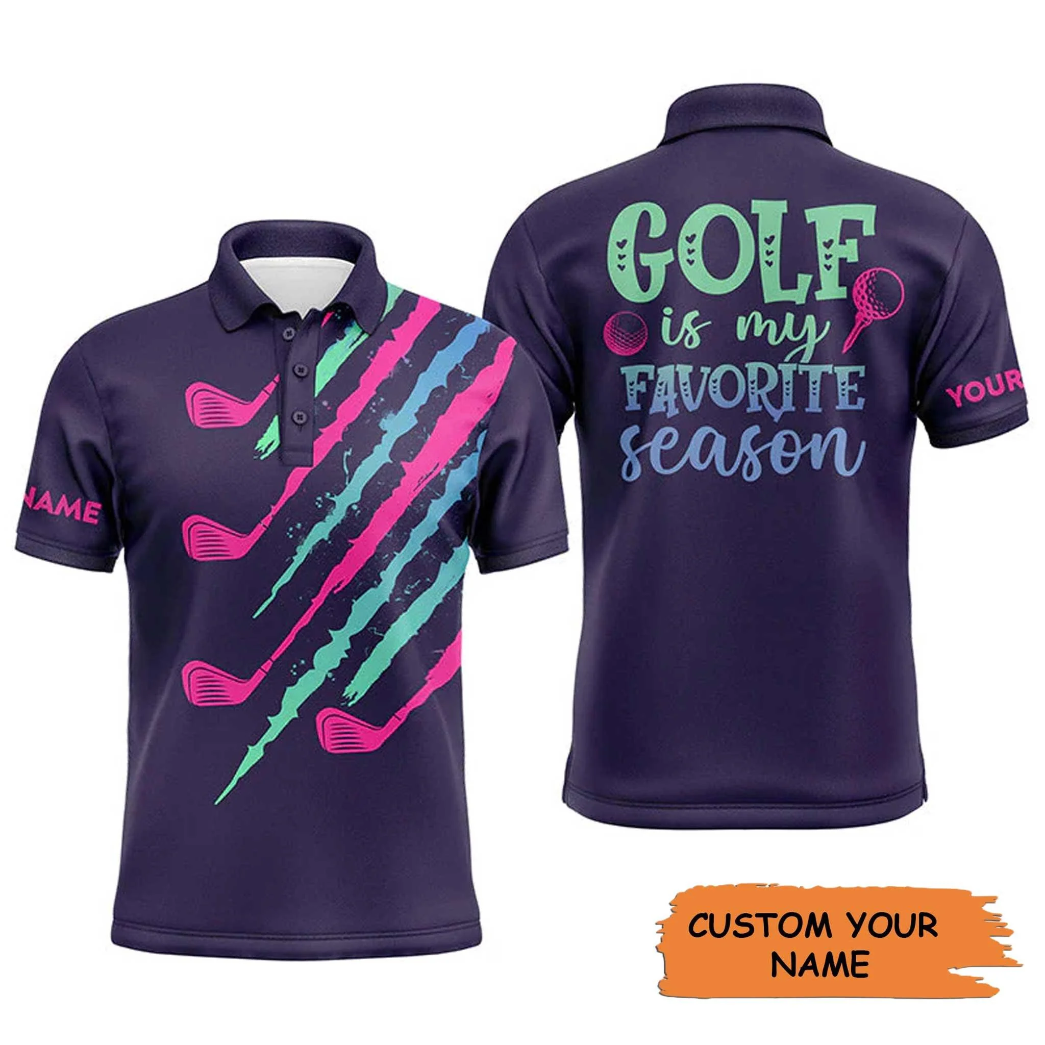 Golf Men Polo Shirt - Custom Name Golfing Purple Gradient Apparel, Golf Is My Favorite Season Men Polo Shirt, Perfect Polo Shirt For Men, Golfers