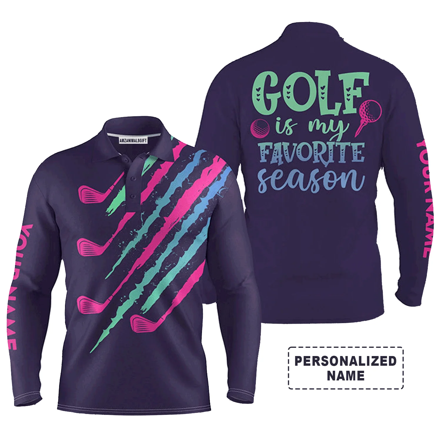 Golf Men Polo Shirt - Custom Name Golfing Purple Gradient Apparel, Golf Is My Favorite Season Men Polo Shirt, Perfect Polo Shirt For Men, Golfers - Image 2