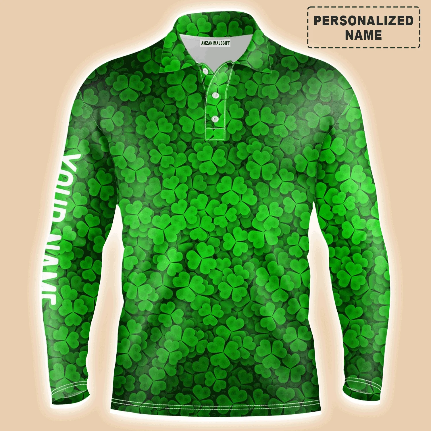 Golf Men Polo Shirt - Custom Name Green Clover St Patrick's Day Pattern Apparel - Personalized Sports Gift For Golf Lover, Male, Husband, Team Golf - Image 3
