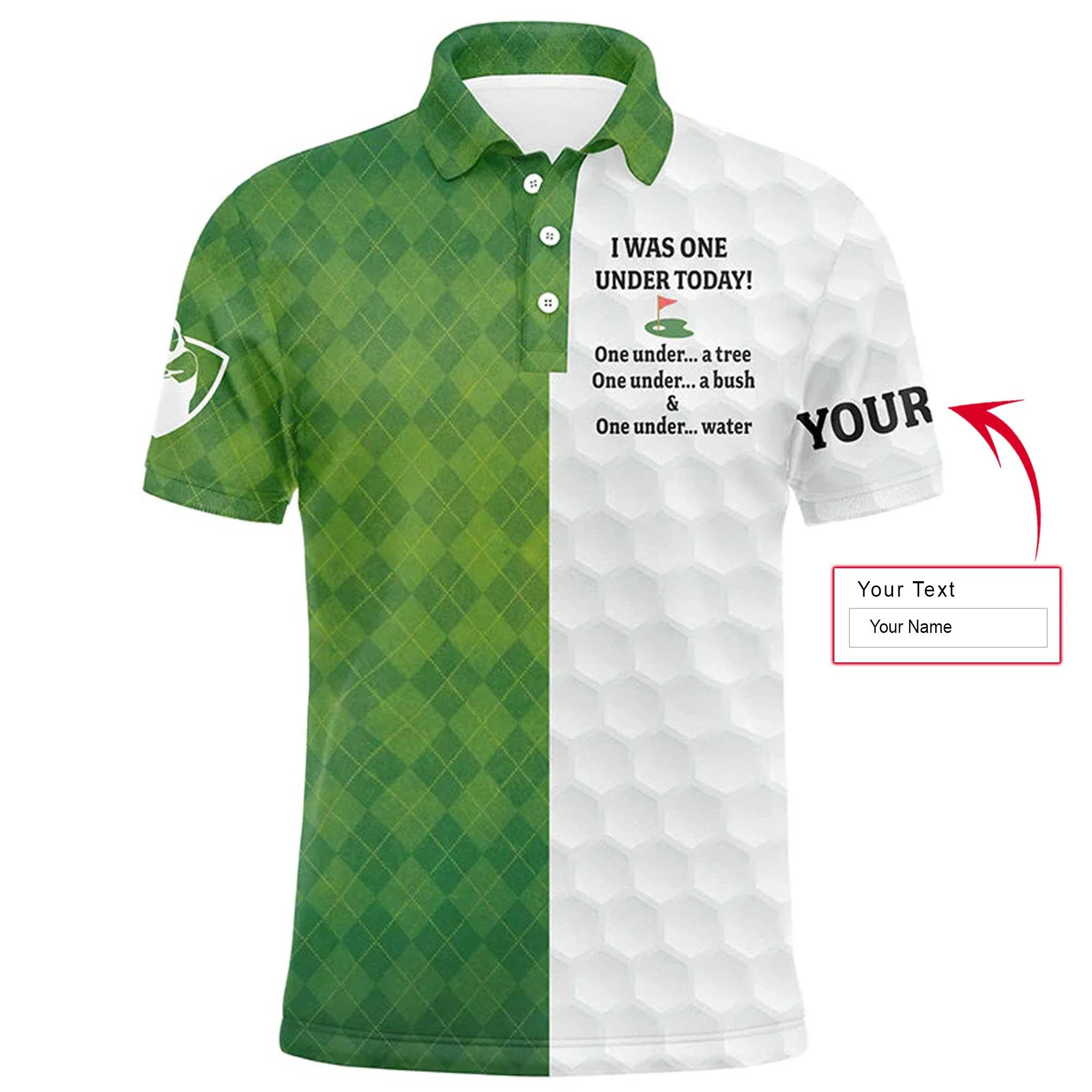 Golf Men Polo Shirt - Custom Name Green White Argyle Pattern Apparel - I Was One Under Today Tree Bush Water - Perfect Polo Shirt For Men, Golfers