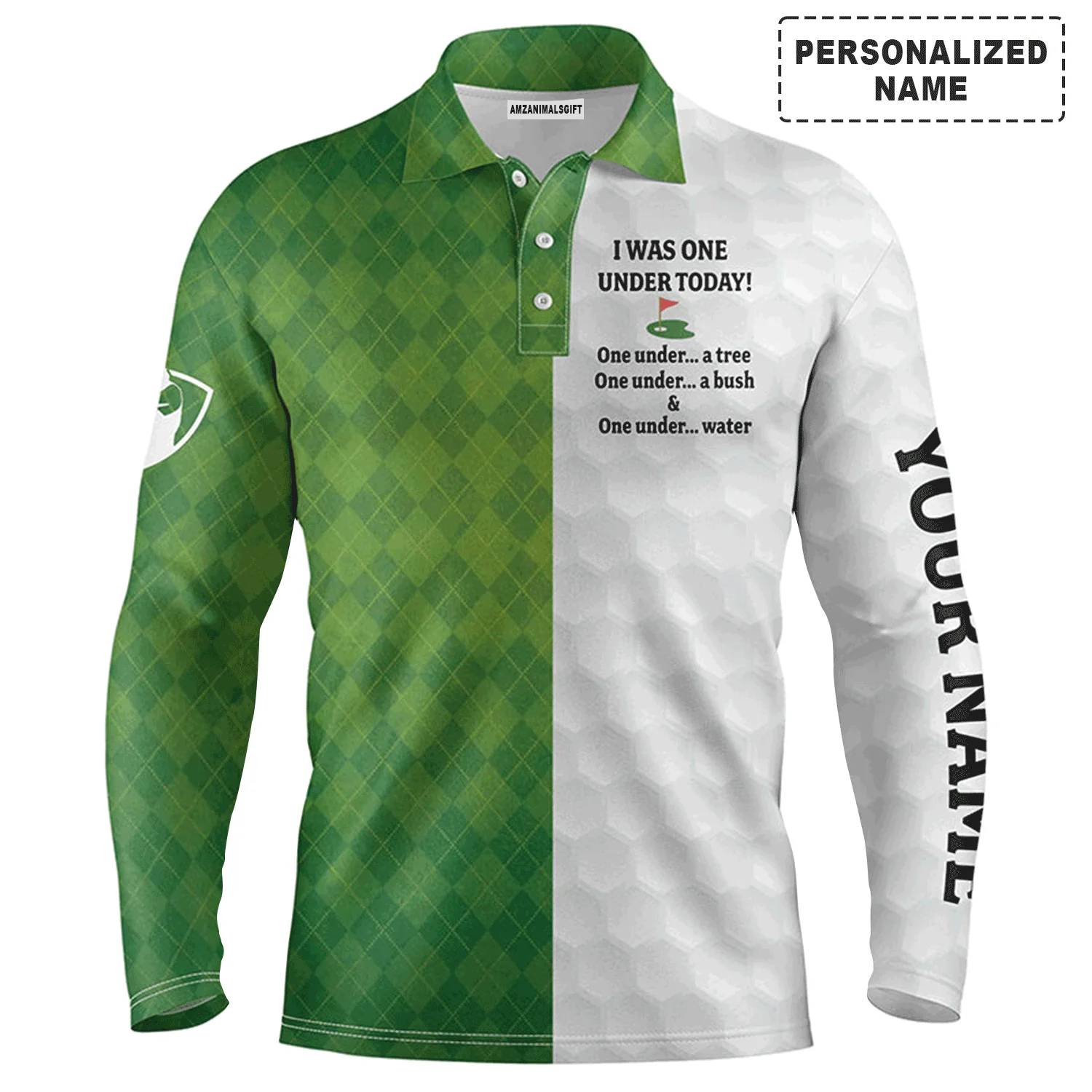 Golf Men Polo Shirt - Custom Name Green White Argyle Pattern Apparel - I Was One Under Today Tree Bush Water - Perfect Polo Shirt For Men, Golfers - Image 2