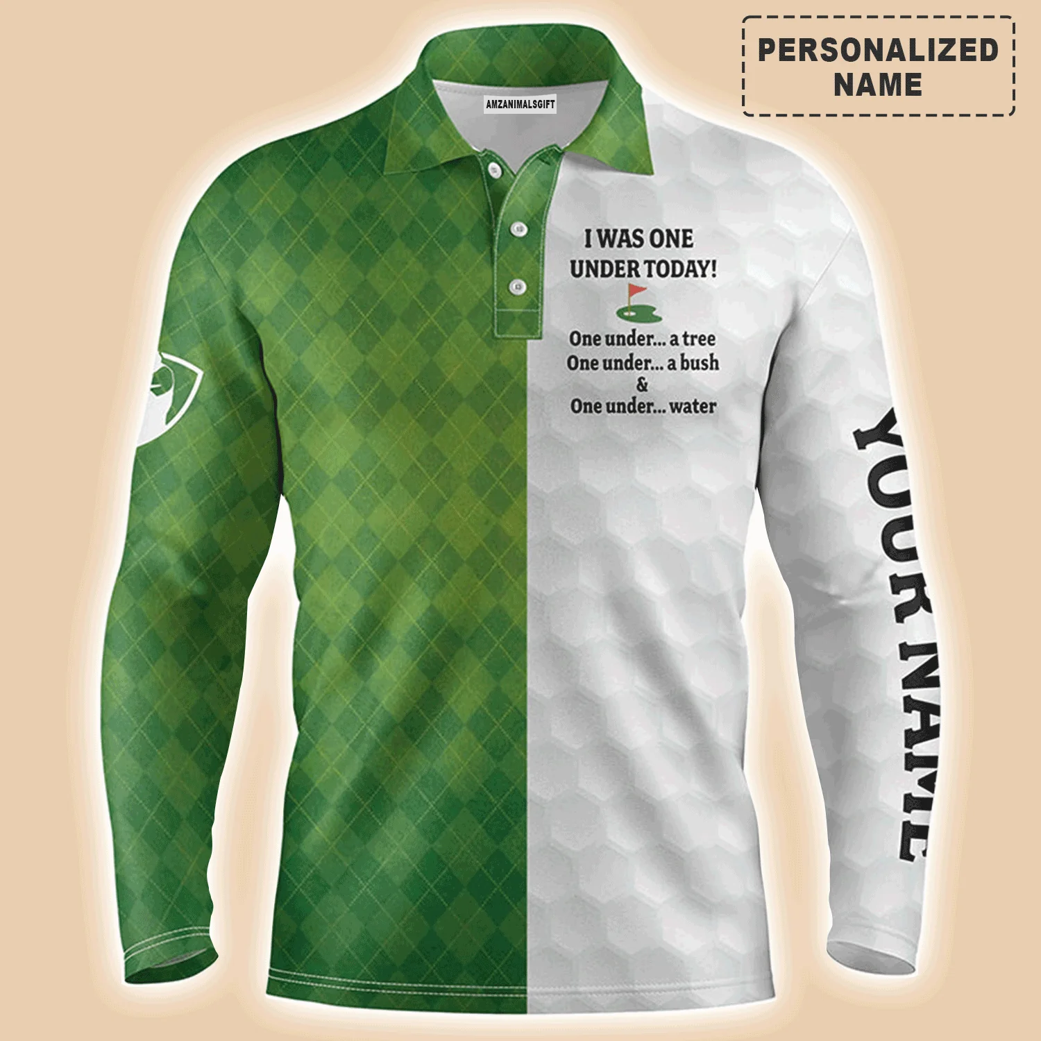 Golf Men Polo Shirt - Custom Name Green White Argyle Pattern Apparel - I Was One Under Today Tree Bush Water - Perfect Polo Shirt For Men, Golfers - Image 3