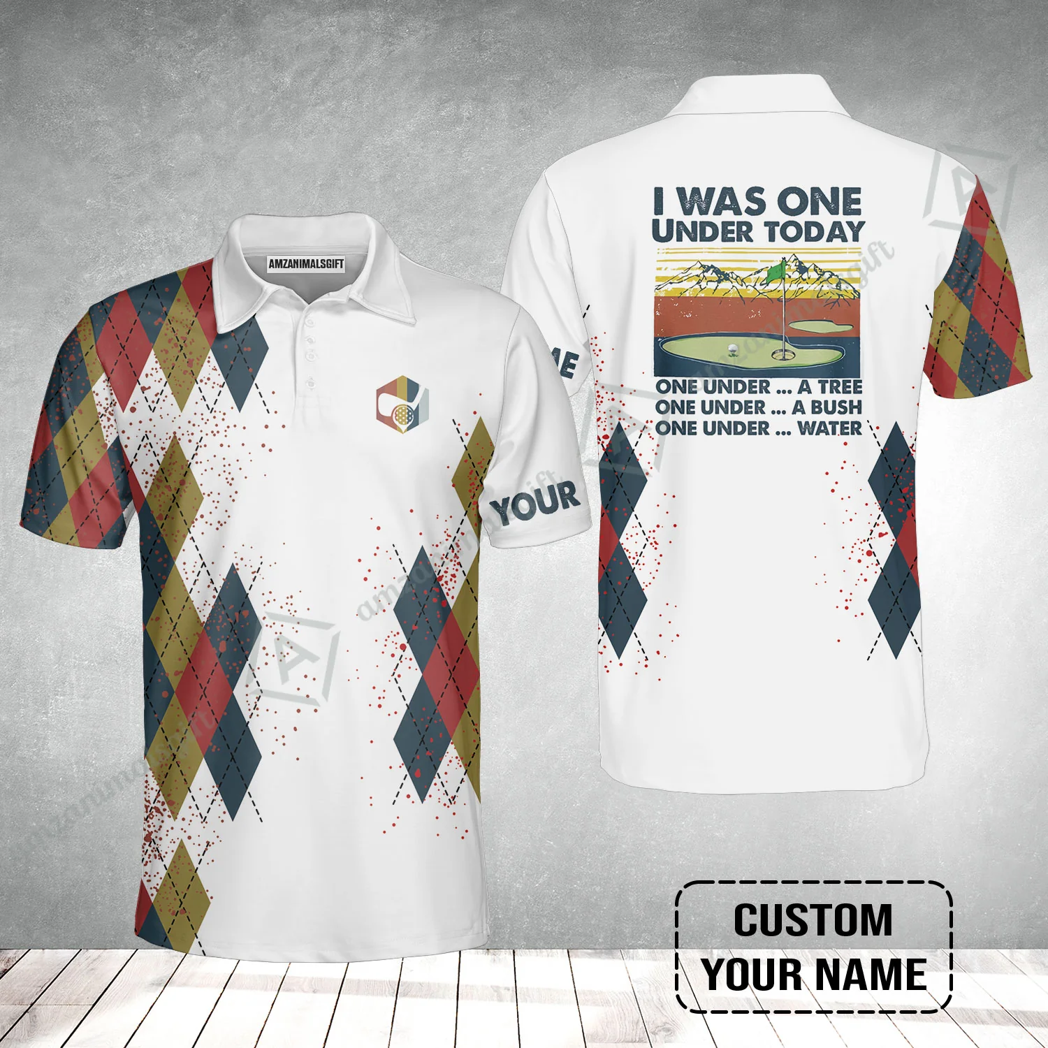 Golf Men Polo Shirt Custom Name - I Was One Under Today One Under A Tree Bush and Water - Image 2