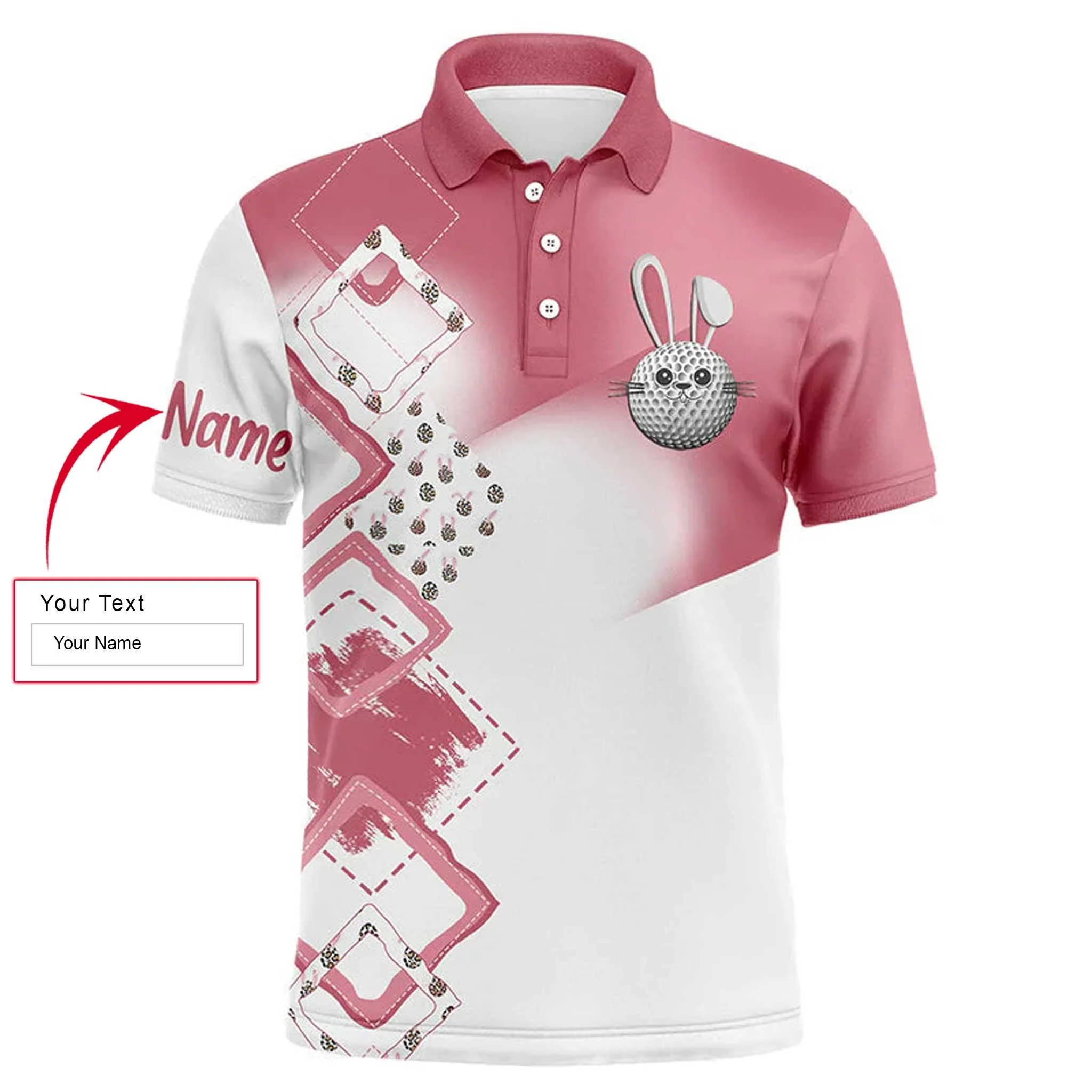Golf Men Polo Shirt - Custom Name Pink Easter Eggs Bunny Apparel - Personalized Easter Gift For Golf Lover, Male, Husband, Team