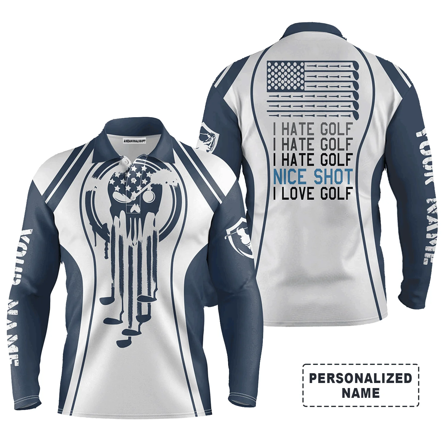Golf Men Polo Shirt - Custom Name Skull Blue White Apparel - I Hate Golf Nice Shot I Love Golf Men Polo Shirt - Perfect Polo Shirt For Men, Golfers - Image 2