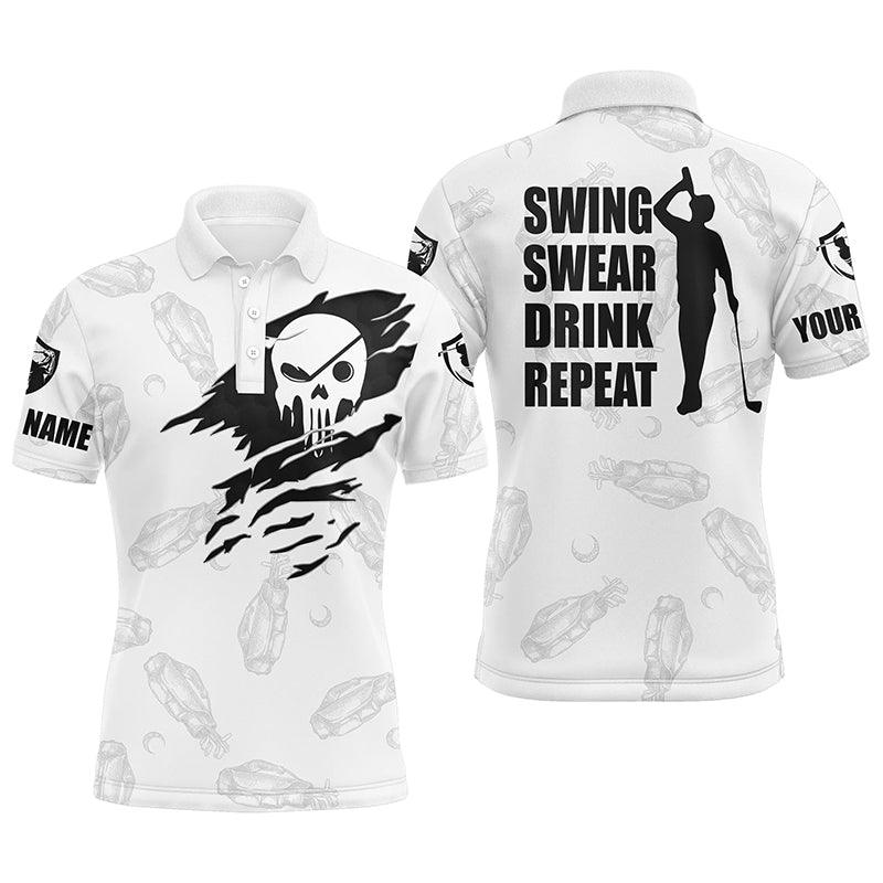 Golf Men Polo Shirt - Custom Name Skull Golf Clubs Pattern White Apparel - Swing Swear Drink Repeat Men Polo Shirt - Perfect Polo Shirt For Men, Golfers