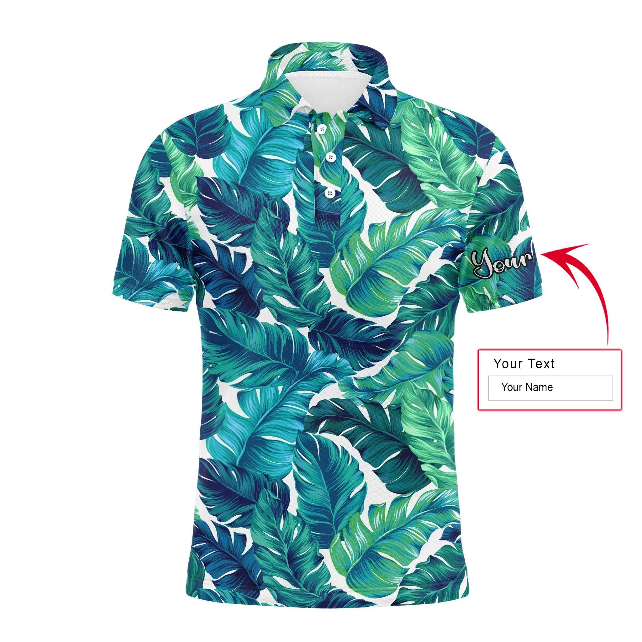 Tropical Men Polo Shirt - Custom Name Turquoise And Green Tropical Leaves Apparel - Personalized Gift For Men & Women , Friends, Family