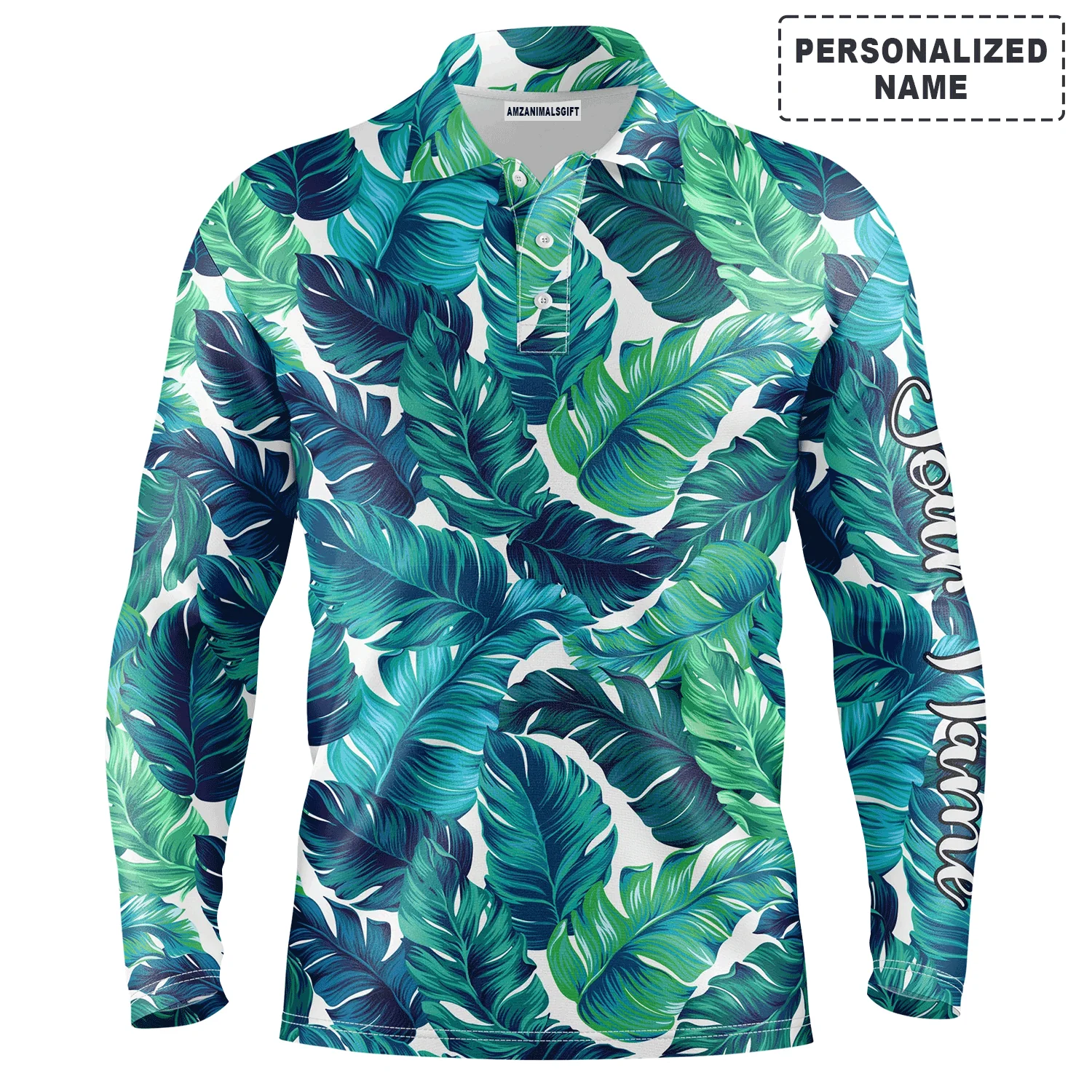 Tropical Men Polo Shirt - Custom Name Turquoise And Green Tropical Leaves Apparel - Personalized Gift For Men & Women , Friends, Family - Image 2