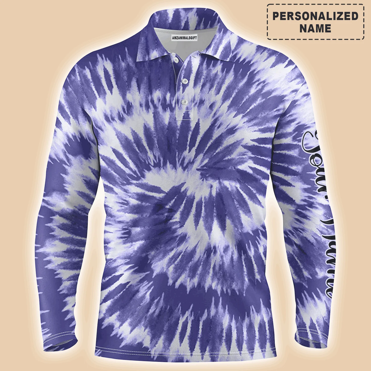 Golf Men Polo Shirt - Custom Name Violet Purple Tie Dye Background Apparel Men Golf Polo Shirt - Personalized Gift For Golf Lover, Male, Husband, Team Golf - Image 3