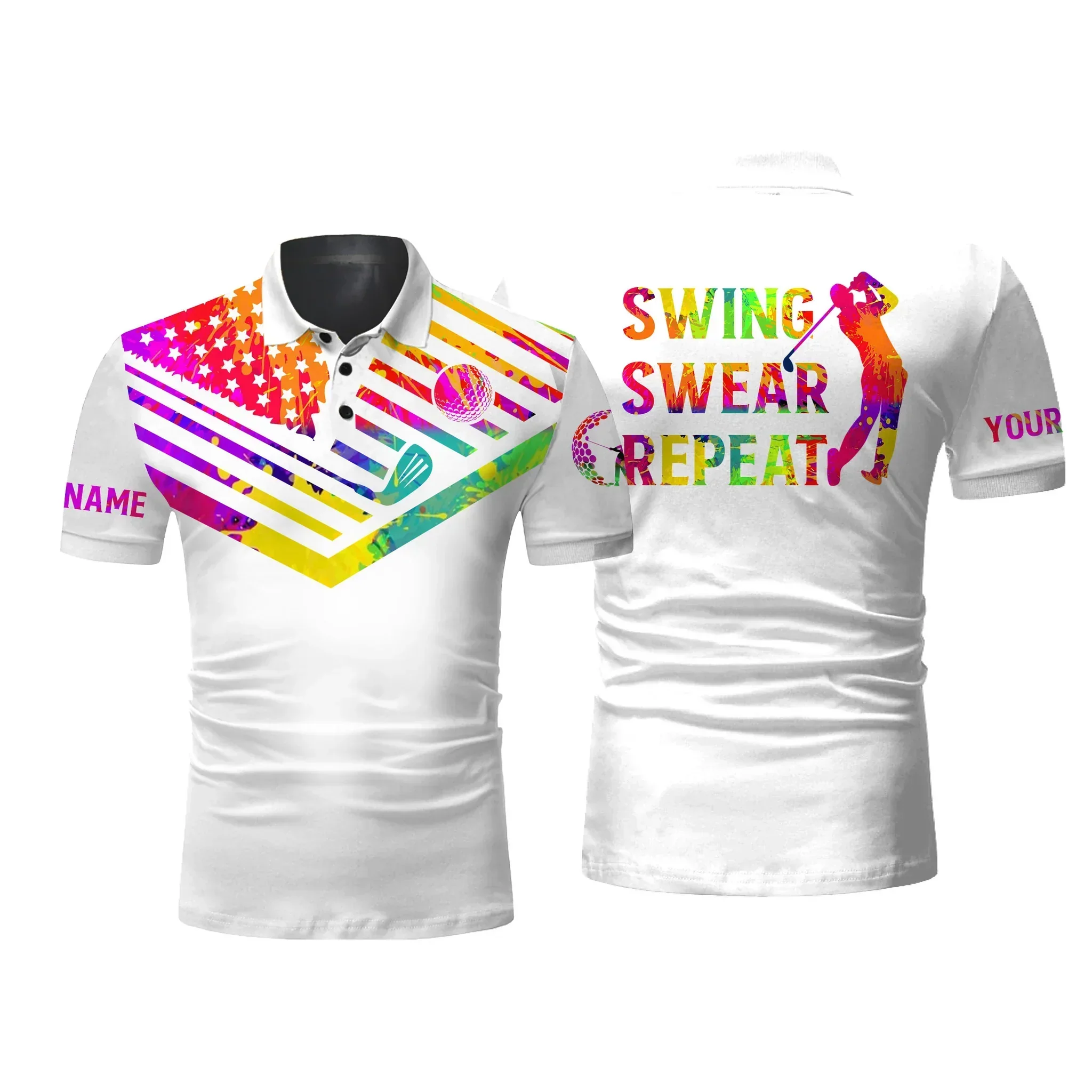Golf Men Polo Shirt - Custom Name Watercolor American Flag Multicolor Apparel, Swing Swear Repeat Men Golf Polo Shirt - Perfect Polo Shirt For Men, Golfers - Image 2