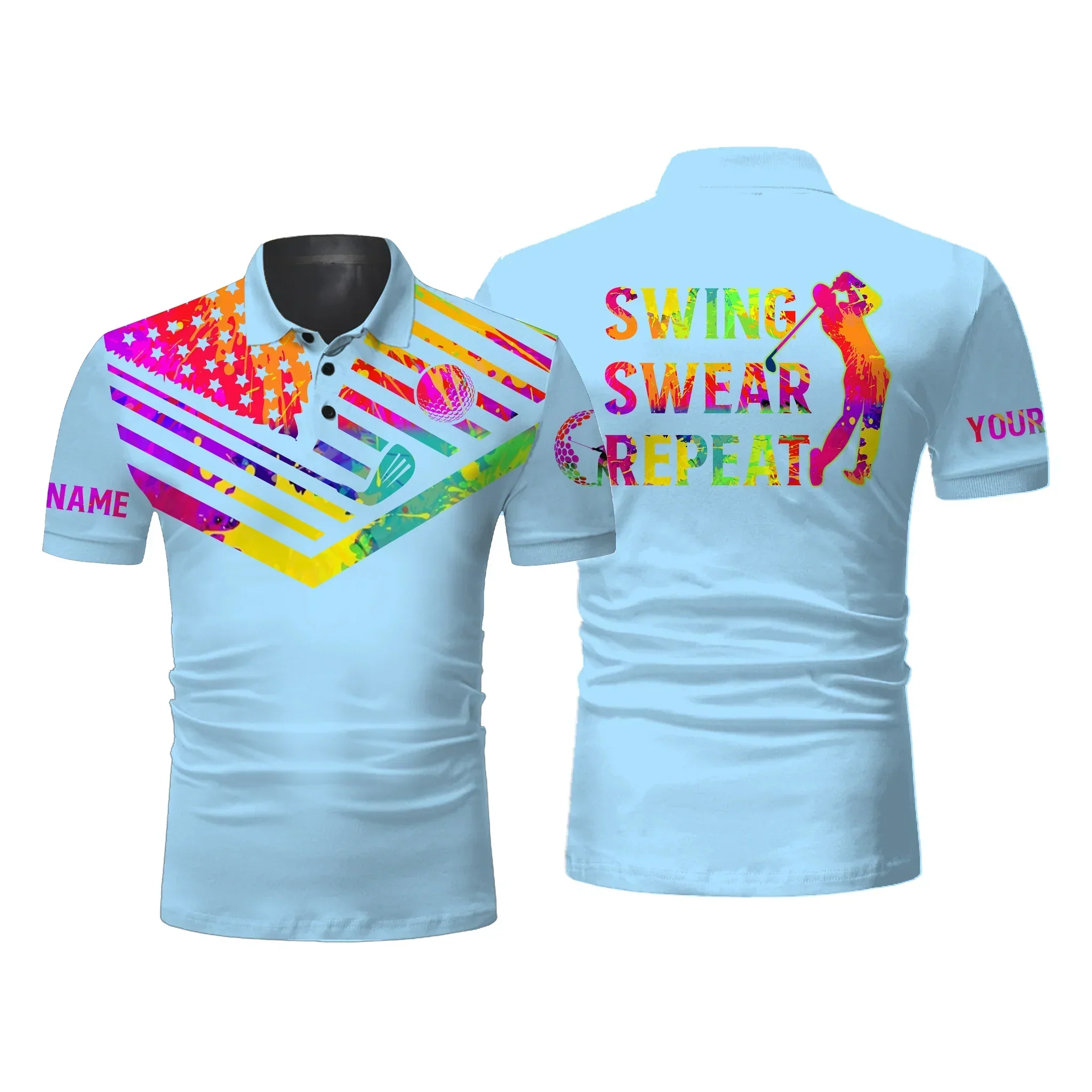Golf Men Polo Shirt - Custom Name Watercolor American Flag Multicolor Apparel, Swing Swear Repeat Men Golf Polo Shirt - Perfect Polo Shirt For Men, Golfers - Image 3