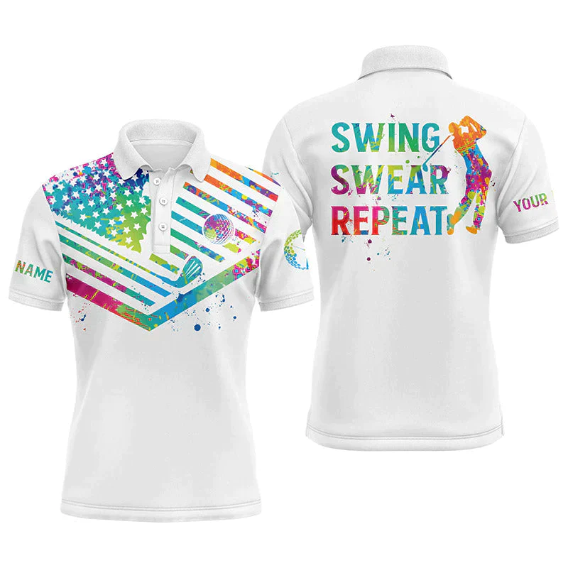 Golf Men Polo Shirt - Custom Name Watercolor American Flag Multicolor Apparel, Swing Swear Repeat Men Golf Polo Shirt - Perfect Polo Shirt For Men, Golfers - Image 5