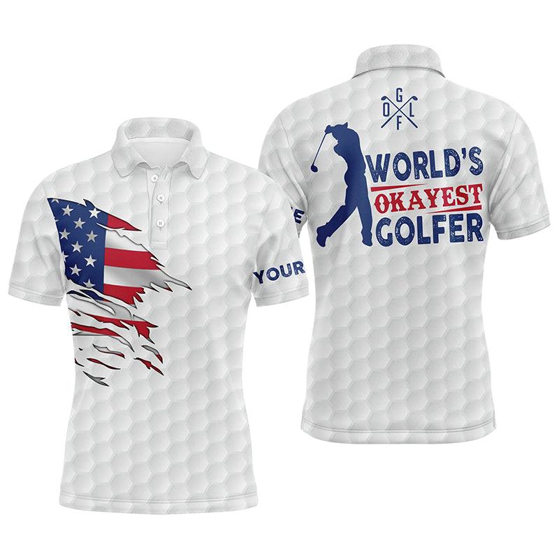 Golf Men Polo Shirt - Custom Name White American Flag Apparel, World's Okayest Golfer Men Golf Polo Shirt - Perfect Polo Shirt For Men, Golfers