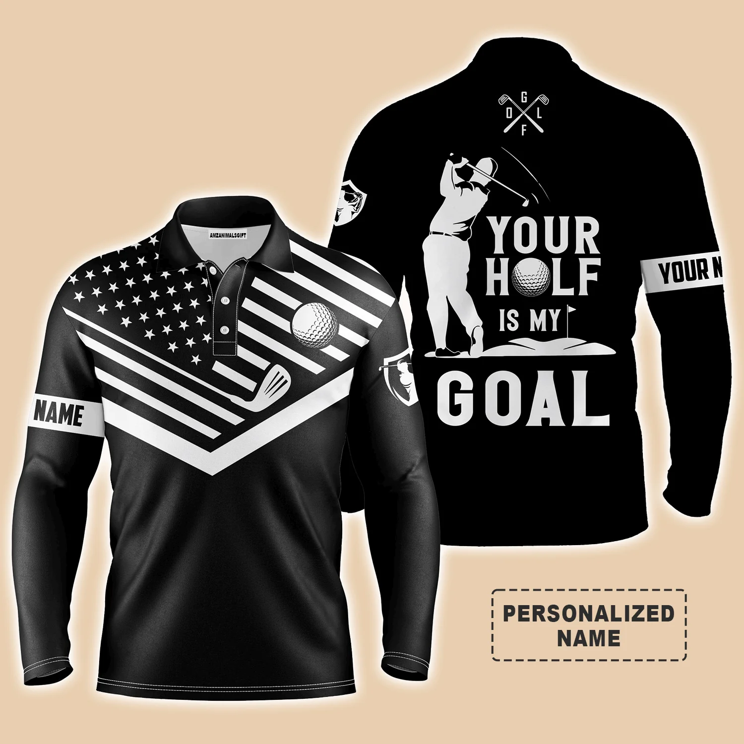 Golf Men Polo Shirt - Custom Name White American Flag Apparel, Your Hole Is My Goal Men Golf Polo Shirt - Perfect Polo Shirt For Men, Golfers - Image 3