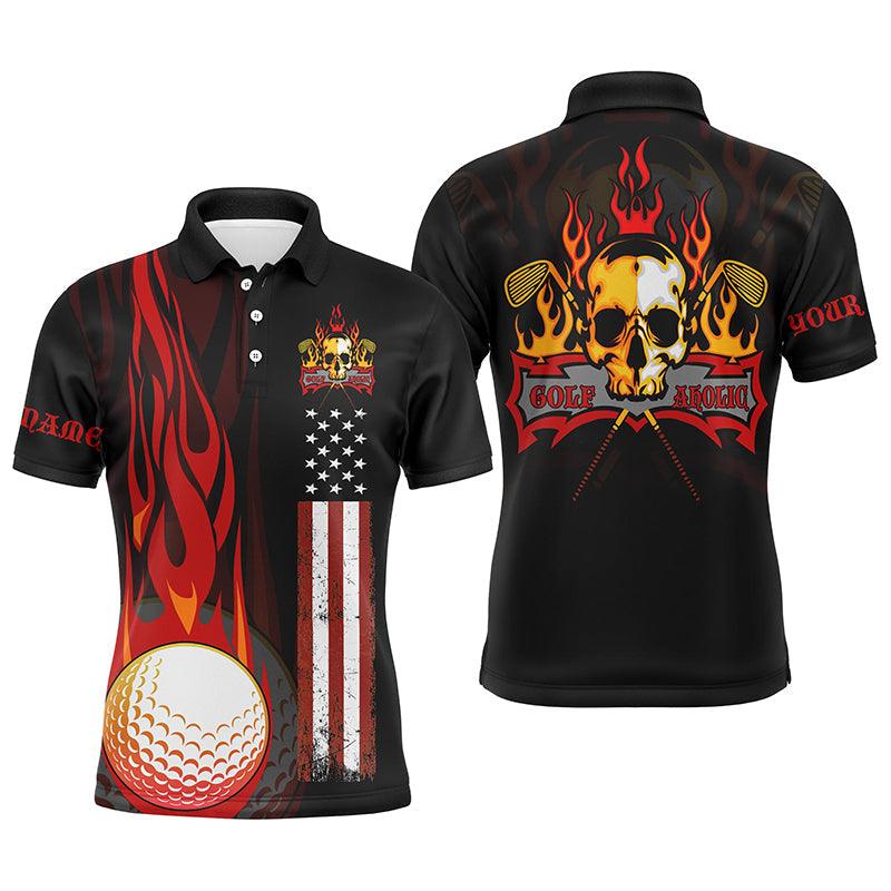 Golf Men Polo Shirt - Flame Skull Golf Ball American Flag Custom Name Apparel Men Golf Polo Shirt - Perfect Polo Shirt For Men, Golfers - Image 2