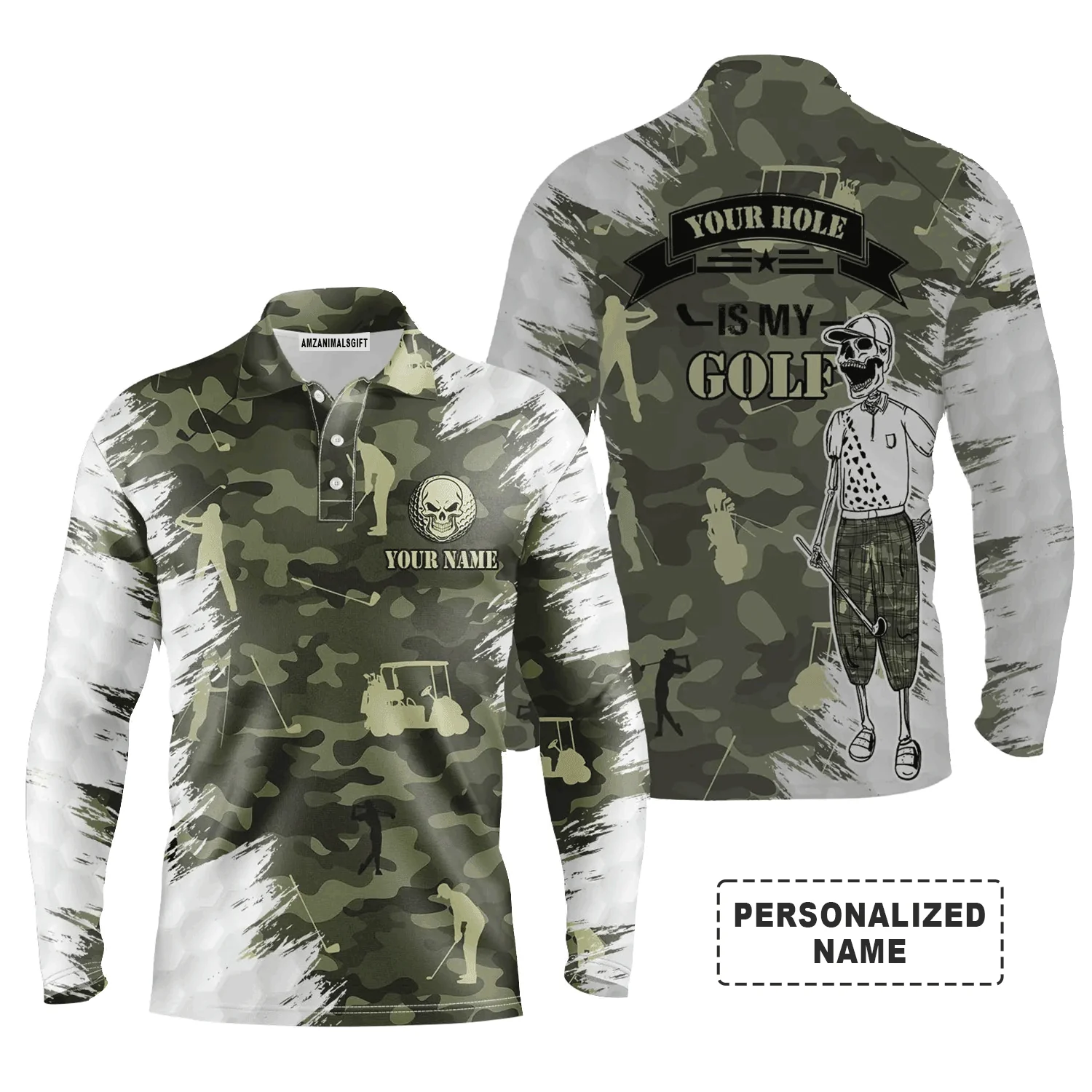 Golf Men Polo Shirt - Funny Skull Green Camo Custom Name Apparel, Your Hole Is My Goal Men Golf Polo Shirt - Personalized Gift For Golf Lover - Image 3