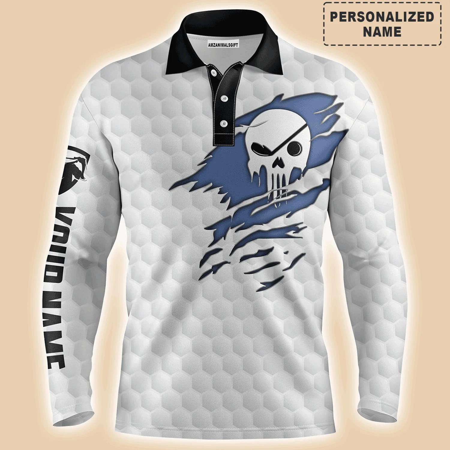 Golf Men Polo Shirt - Golf Club Skull Custom Name White Apparel - Personalized Gift For Golf Lover, Men, Dad, Husband, Boyfriend, Team - Image 3