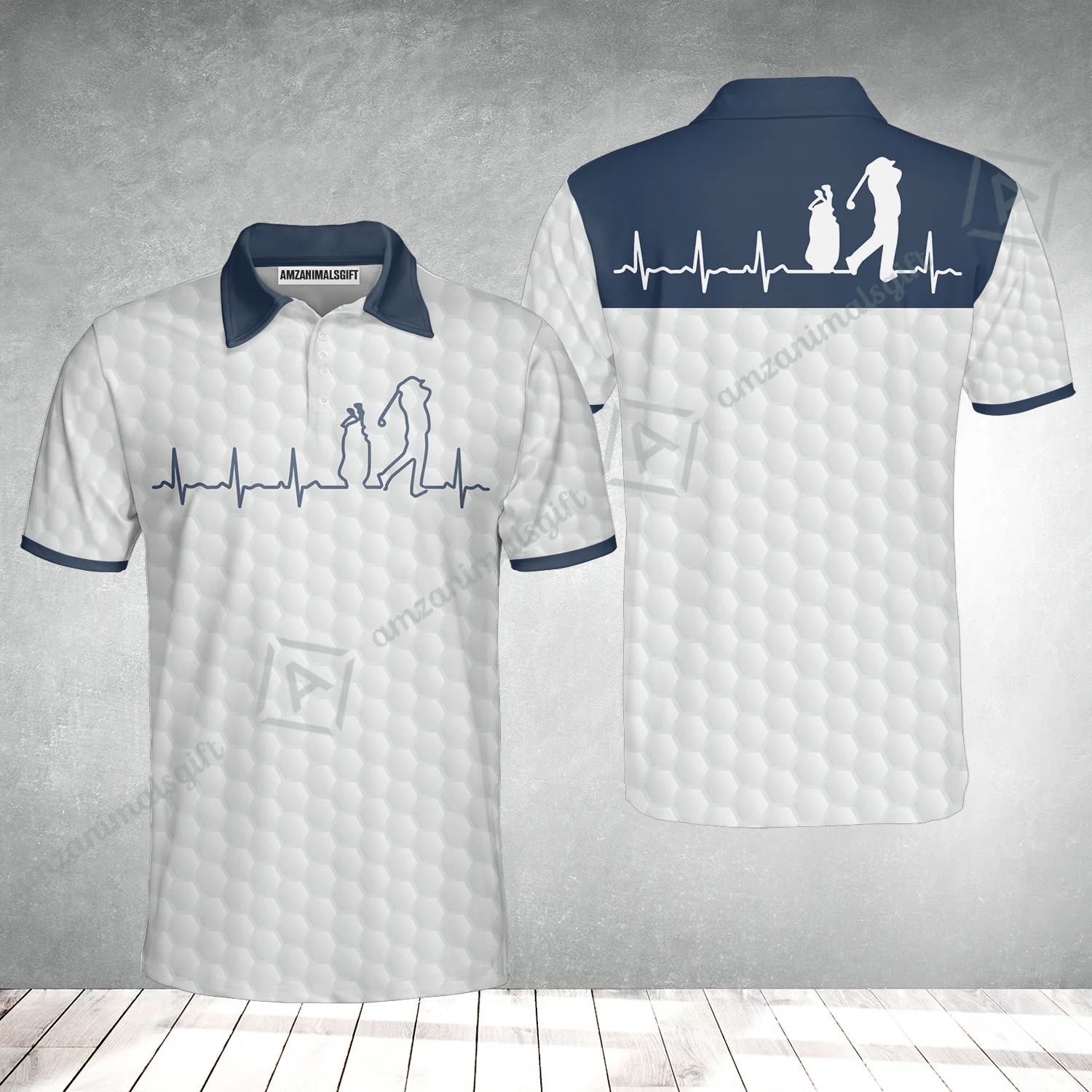 Golf Men Polo Shirt - Heartbeat Golfer White And Navy Golf Men Polo Shirt, White Golf Ball Pattern Polo Shirt - Best Gift For Golfers - Image 2