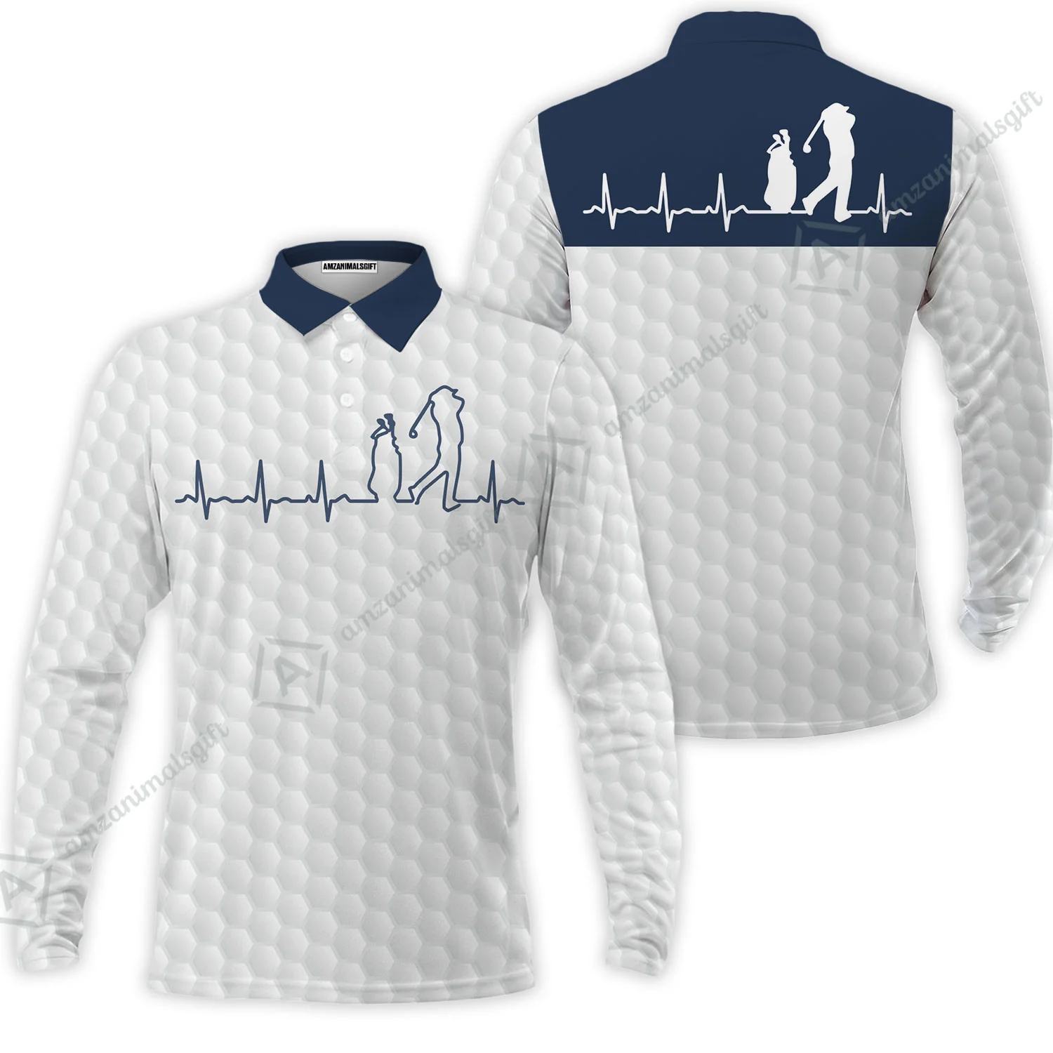 Golf Men Polo Shirt - Heartbeat Golfer White And Navy Golf Men Polo Shirt, White Golf Ball Pattern Polo Shirt - Best Gift For Golfers - Image 3