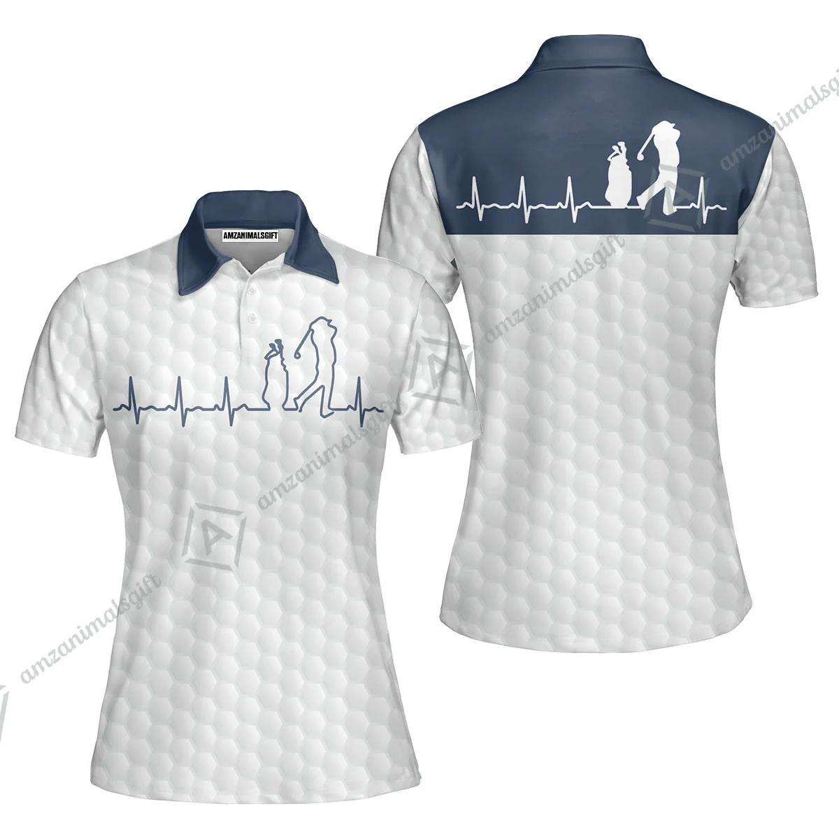 Golf Men Polo Shirt - Heartbeat Golfer White And Navy Golf Men Polo Shirt, White Golf Ball Pattern Polo Shirt - Best Gift For Golfers - Image 6
