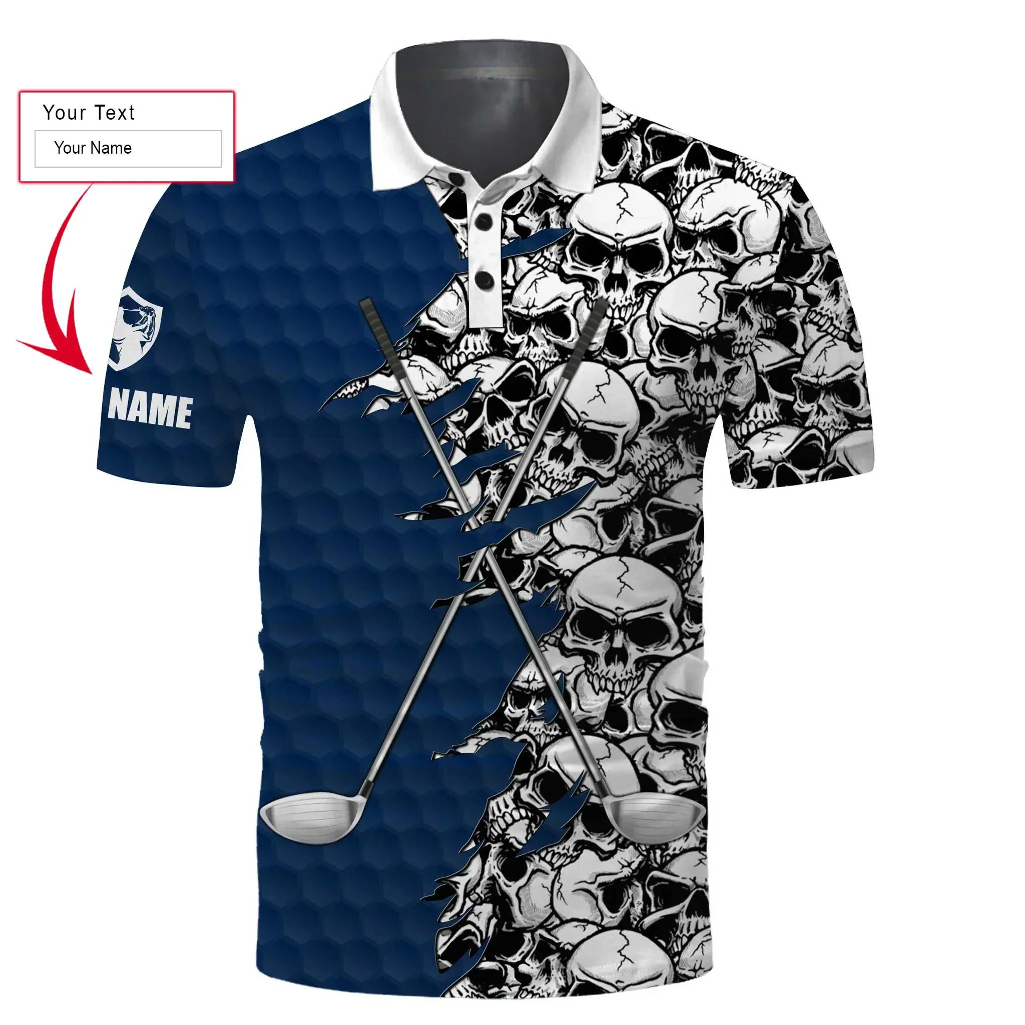 Golf Men Polo Shirt, Pattern Skull Golf Clubs Performance Custom Name Apparel - Personalized Sports Gift For Men, Husband, Boyfriend, Golf Lovers - Image 2