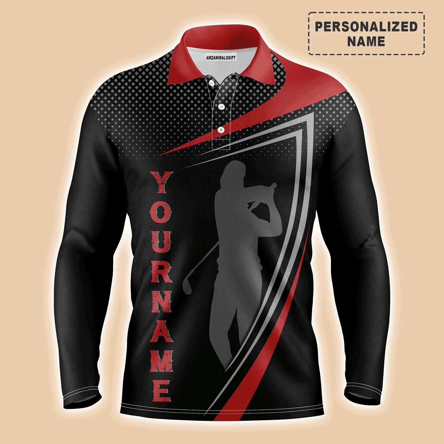 Golf Men Polo Shirt - Red And Black Golfer Silhouette Custom Name Apparel - Personalized Gift For Golf Lover, Team, Male Players, Golfer - Image 2