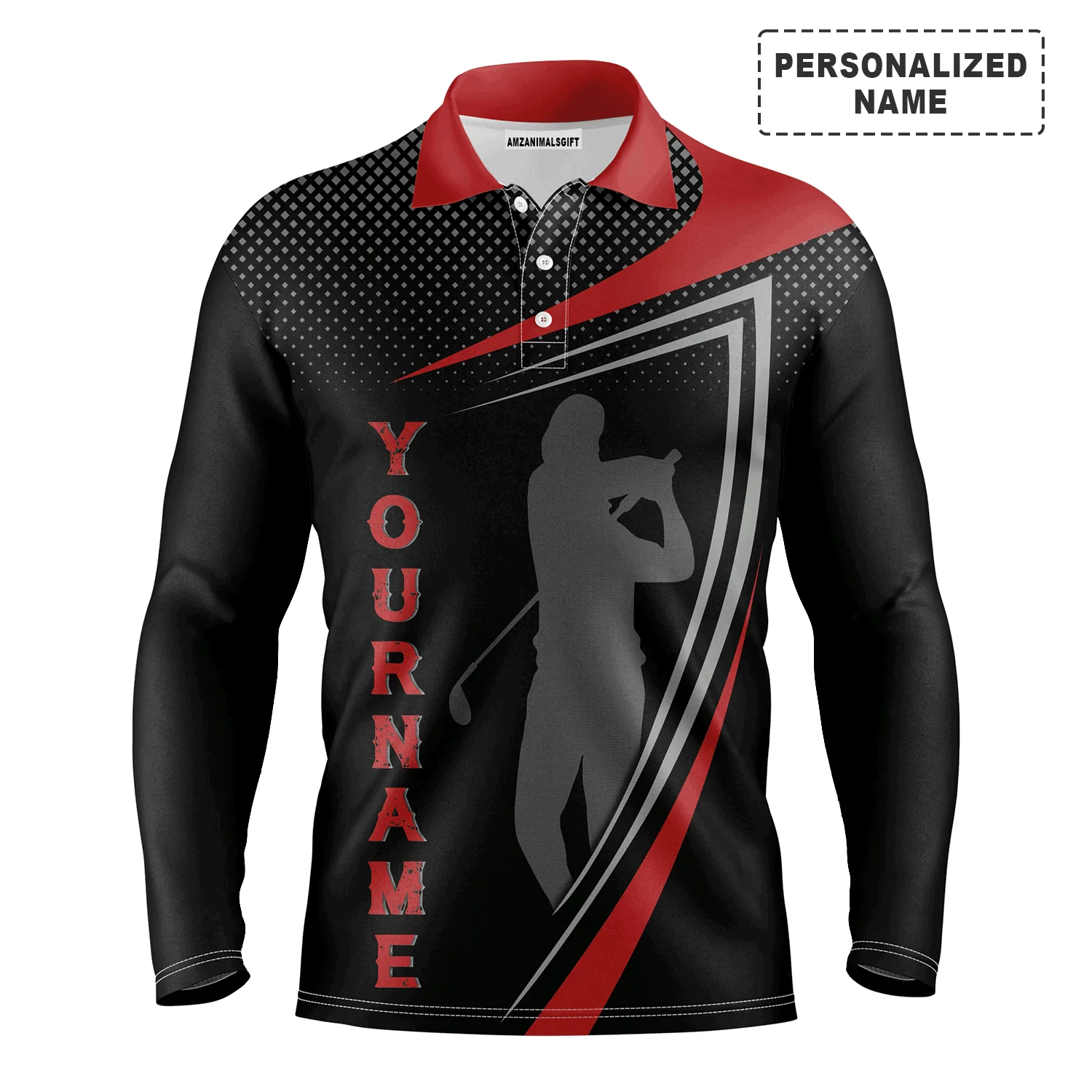 Golf Men Polo Shirt - Red And Black Golfer Silhouette Custom Name Apparel - Personalized Gift For Golf Lover, Team, Male Players, Golfer - Image 3