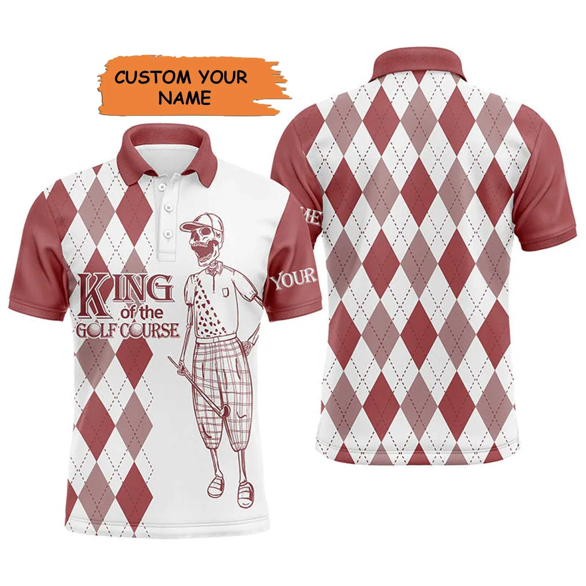 Golf Men Polo Shirt - Red And White Plaid Pattern Skull Custom Name Apparel - King Of The Golf Course - Personalized Gift For Golf Lover, Team
