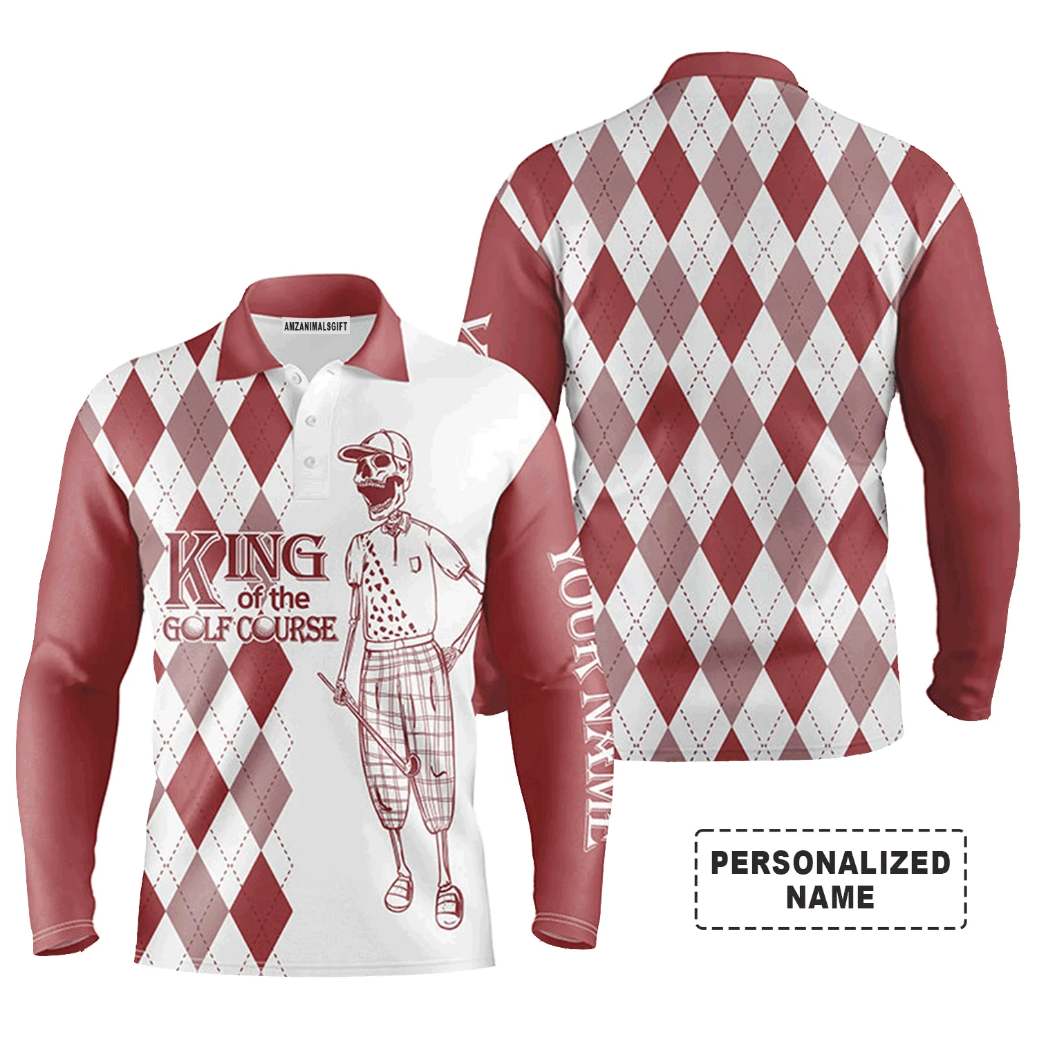 Golf Men Polo Shirt - Red And White Plaid Pattern Skull Custom Name Apparel - King Of The Golf Course - Personalized Gift For Golf Lover, Team - Image 3