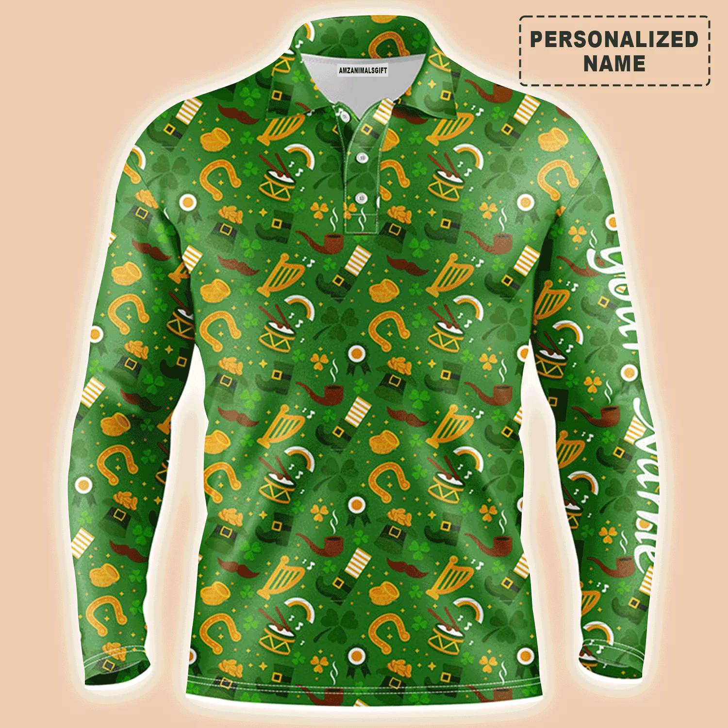 Golf Men Polo Shirt - Saint Patrick's Day Green Pattern Custom Name Apparel - Personalized Gift For Golf Lover, Men, Husband, Team, Boyfriend - Image 2