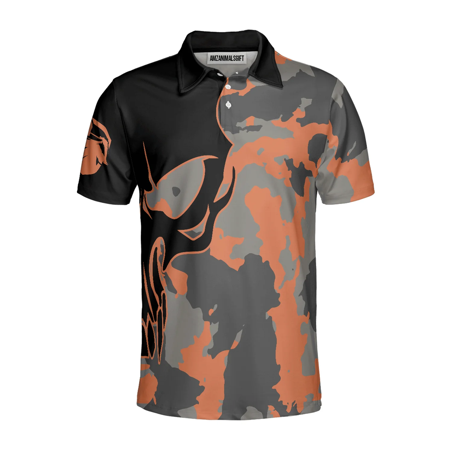 Golf Men Polo Shirt - Skull Orange Camouflage Golf Polo Shirt, Streetwear Camo Golf Shirt For Men, Best Polo Shirt For Men, Golfers