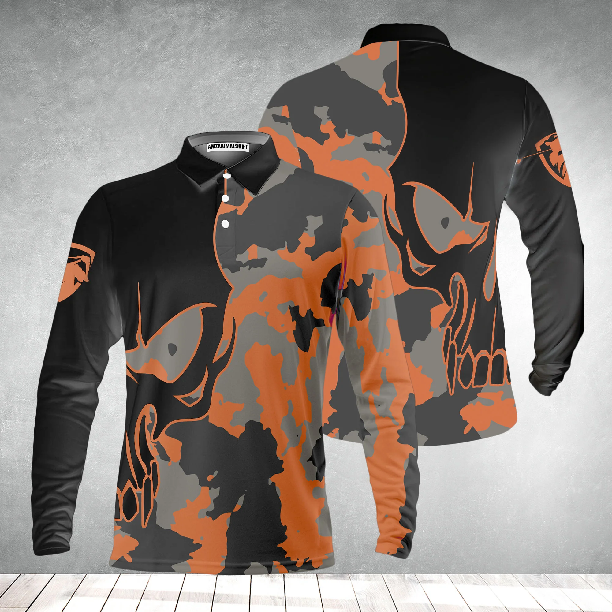Golf Men Polo Shirt - Skull Orange Camouflage Golf Polo Shirt, Streetwear Camo Golf Shirt For Men, Best Polo Shirt For Men, Golfers - Image 5