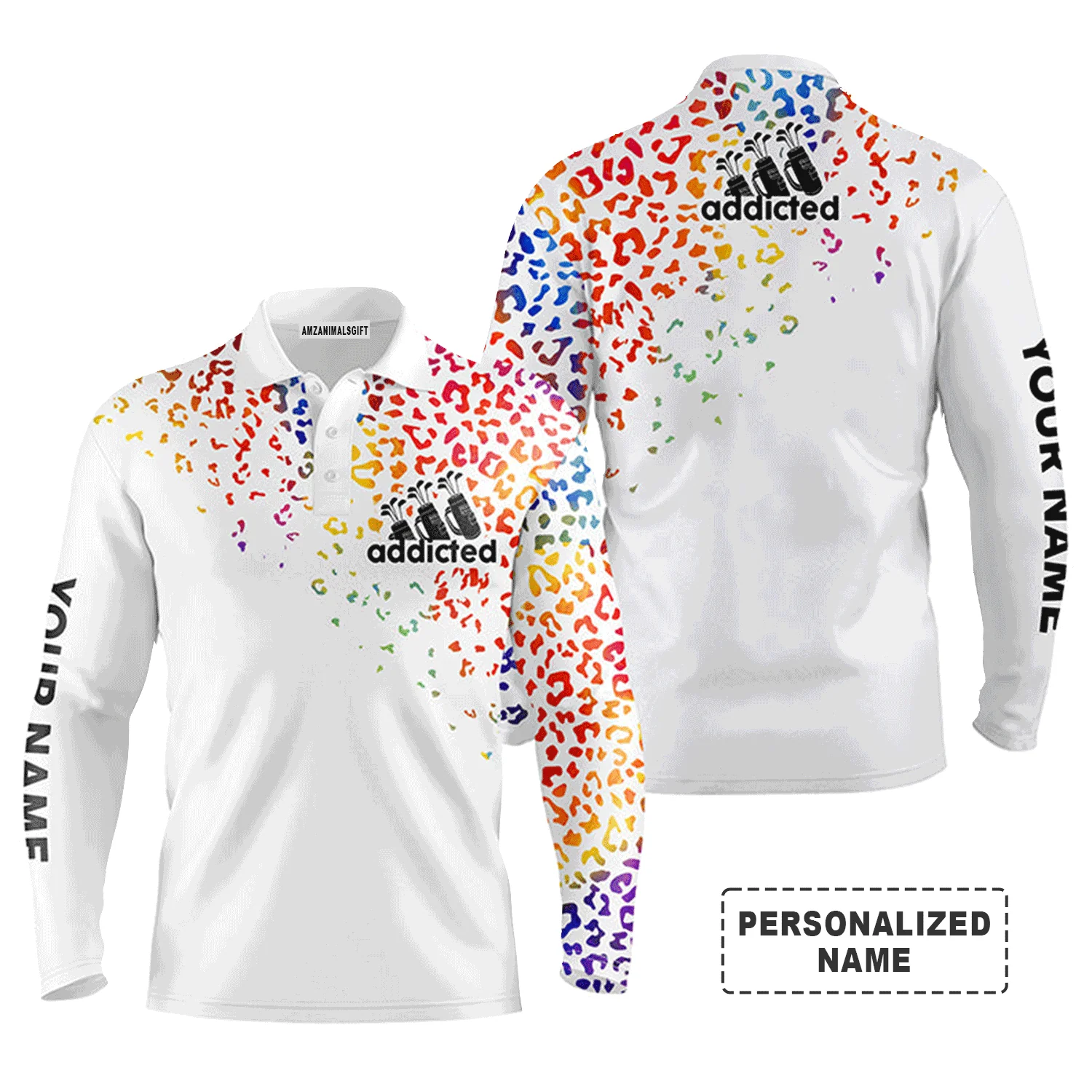 Golf Men Polo Shirt - Watercolor Leopard Addicted Custom Name Apparel - Personalized Gift For Golf Lover, Men, Dad, Team, Husband, Boyfriend - Image 2